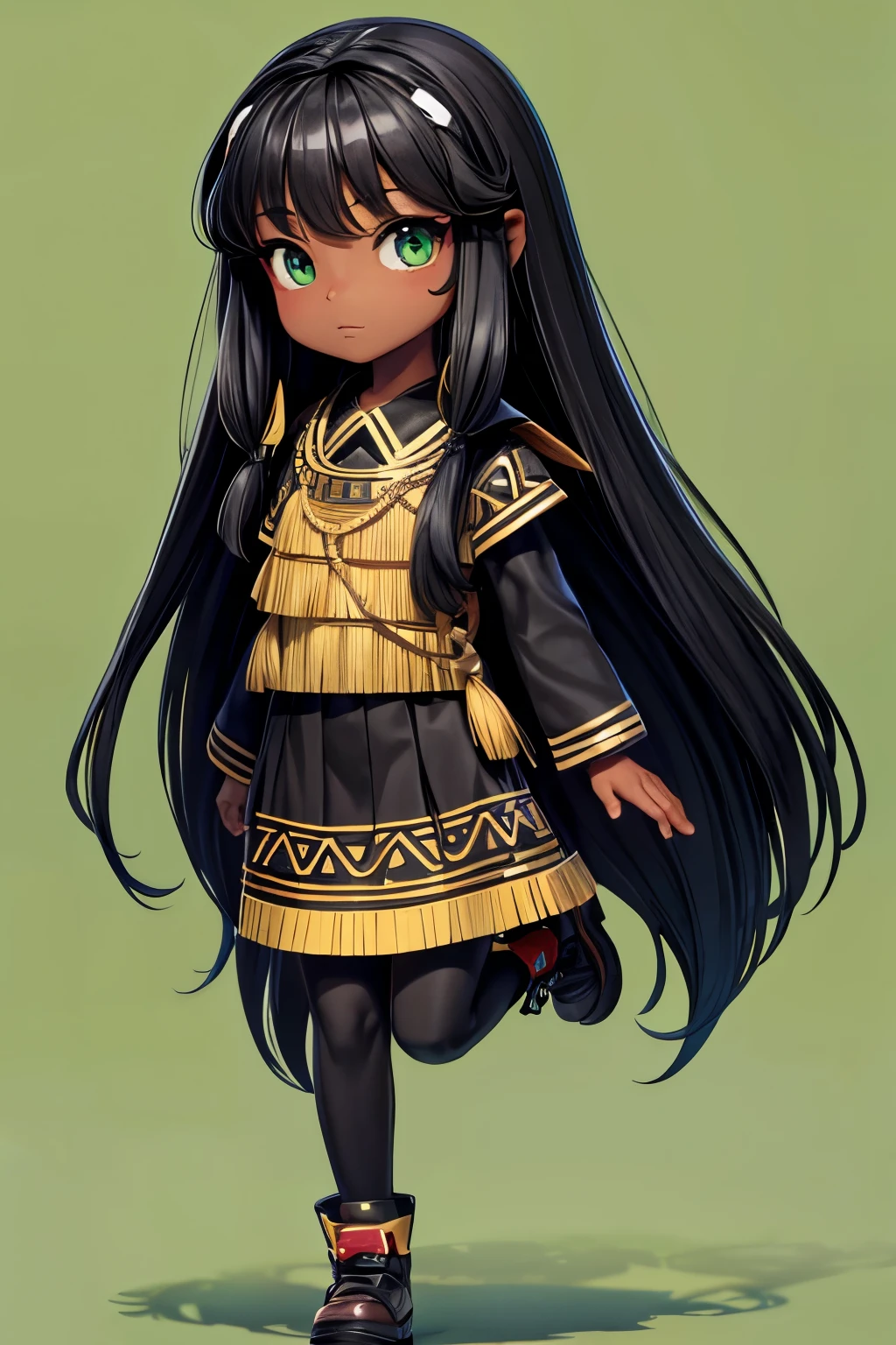 walking to the side, indigenous girl, black skin, teen chibi, 2d, long black hair, Indian, green eyes