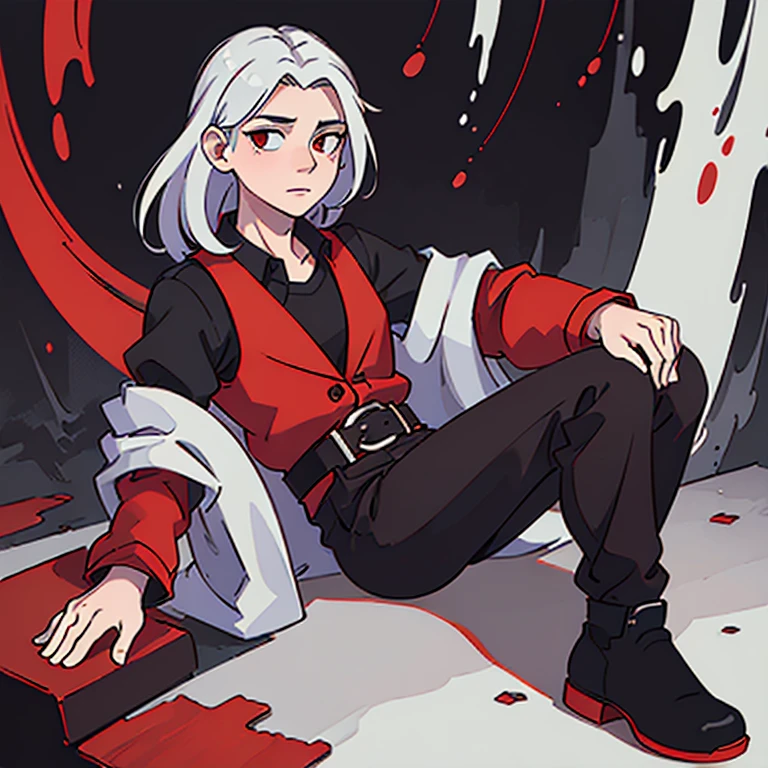 (best quality,highres:1.2),ultra-detailed,realistic,portrait,rainy day,medium:oil painting,white-haired man,three red eyes,pale skin,wearing a red undershirt with a black vest,wearing reddish-brown pants with a black belt,wearing black boots,wearing black arm sleeves