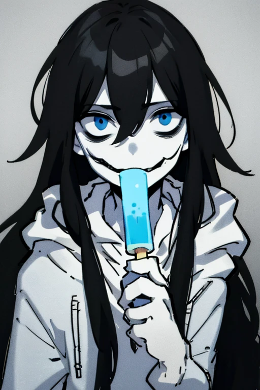 jeff, black long hair, slit smile, blue eyes, white hoodie, pale white skin, holding icepop, handsome, creepy
