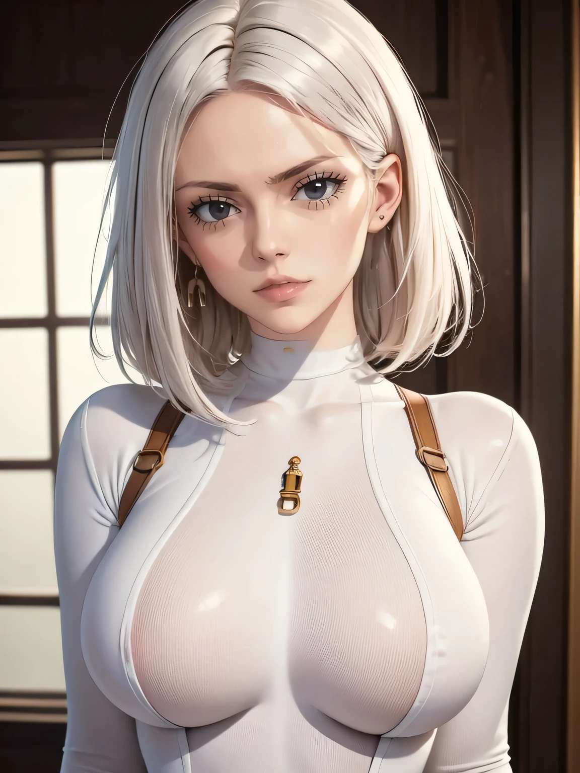 (masterpiece:1.1), (top quality:1.1), Whole body, short hair, good anatomy, lock of hair,, (1 girl:1.2), (detailed face and eyes:1.25), long white hair, Brown eyes, ( white bodysuit), big breasts,split:1.2), blush, I&#39;m looking at the viewer, mature woman, sidelocks, tatibana kyoka,, sitting, Elysiumchar, Oil painting,  