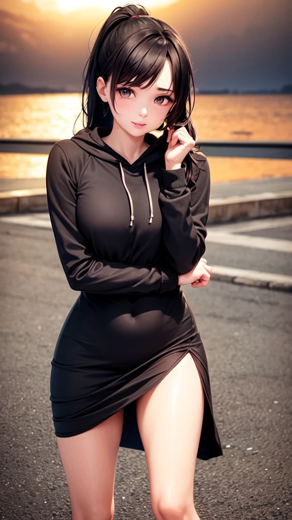 1girl, female_solo, mature black woman, long brunette ponytail, ,medium_breasts, brown_eyes, slim_figure, lipstick, av idol, Drawstring Hoodie Ruched Dress, Casual Long Sleeve Dress, pier at night, hands on rail, Enhance, leaning_forward, by the pier