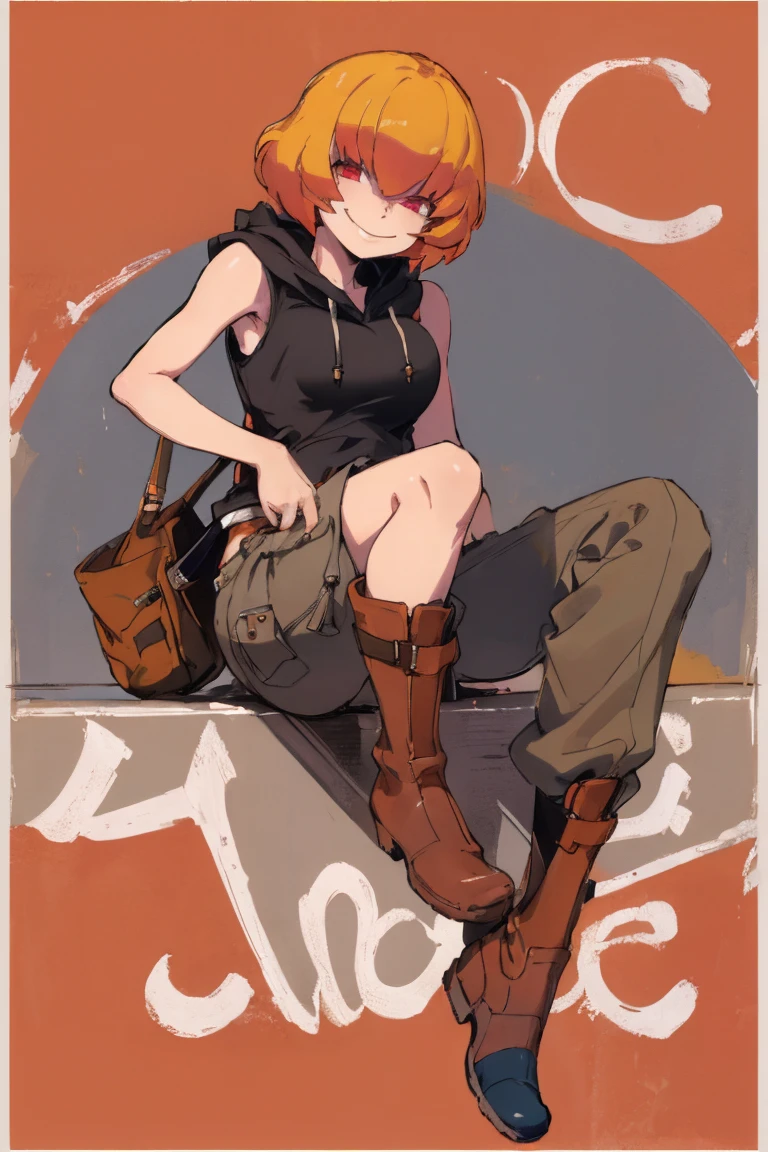 ((highest quality)), ((masterpiece)), (be familiar with),Clementine,Overload,{{nsfw}},Sleeveless hoodie,cargo pants,Bewitching Smile,whole body,boots