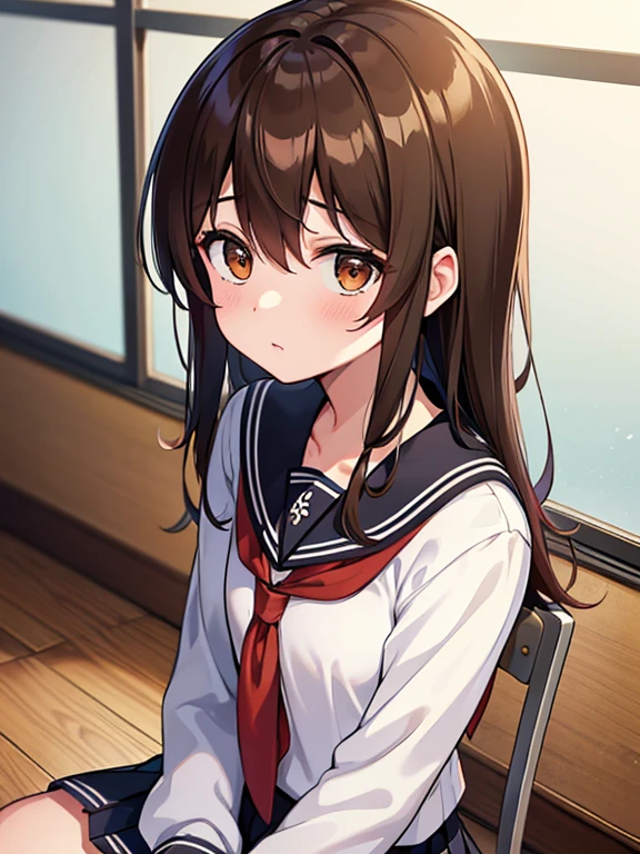 (masterpiece, best quality:1.2),illustration,8k,hd,1girl,solo,upper body,(portrait:1.2),brown_hair,folded_ponytail,brown_eyes,serafuku,long_hair,school_uniform,skirt,pleated_skirt,