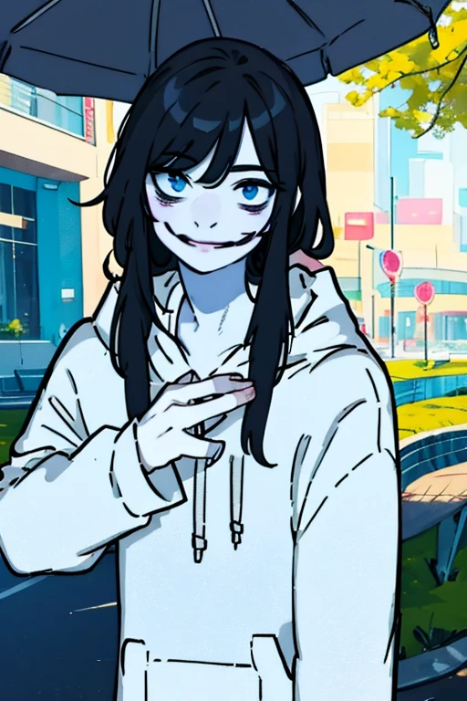 jeff, black long hair, slit smile, blue eyes, white hoodie, pale white skin, happy
