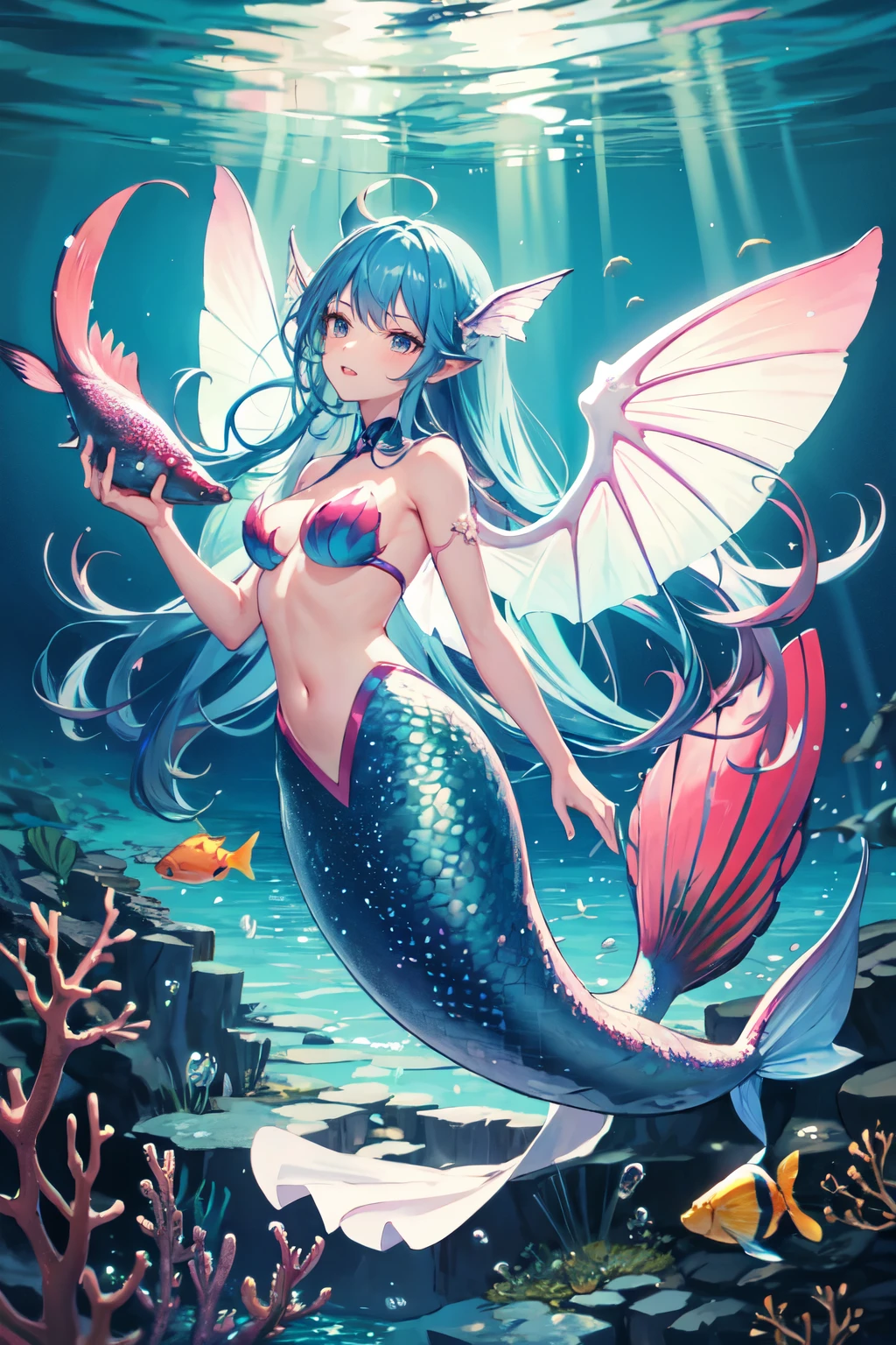 mermaid, gills, tail, blue hair, glitter, fish tail, fish, seabed, long hair, bright tail, wings, tentacles, pink color