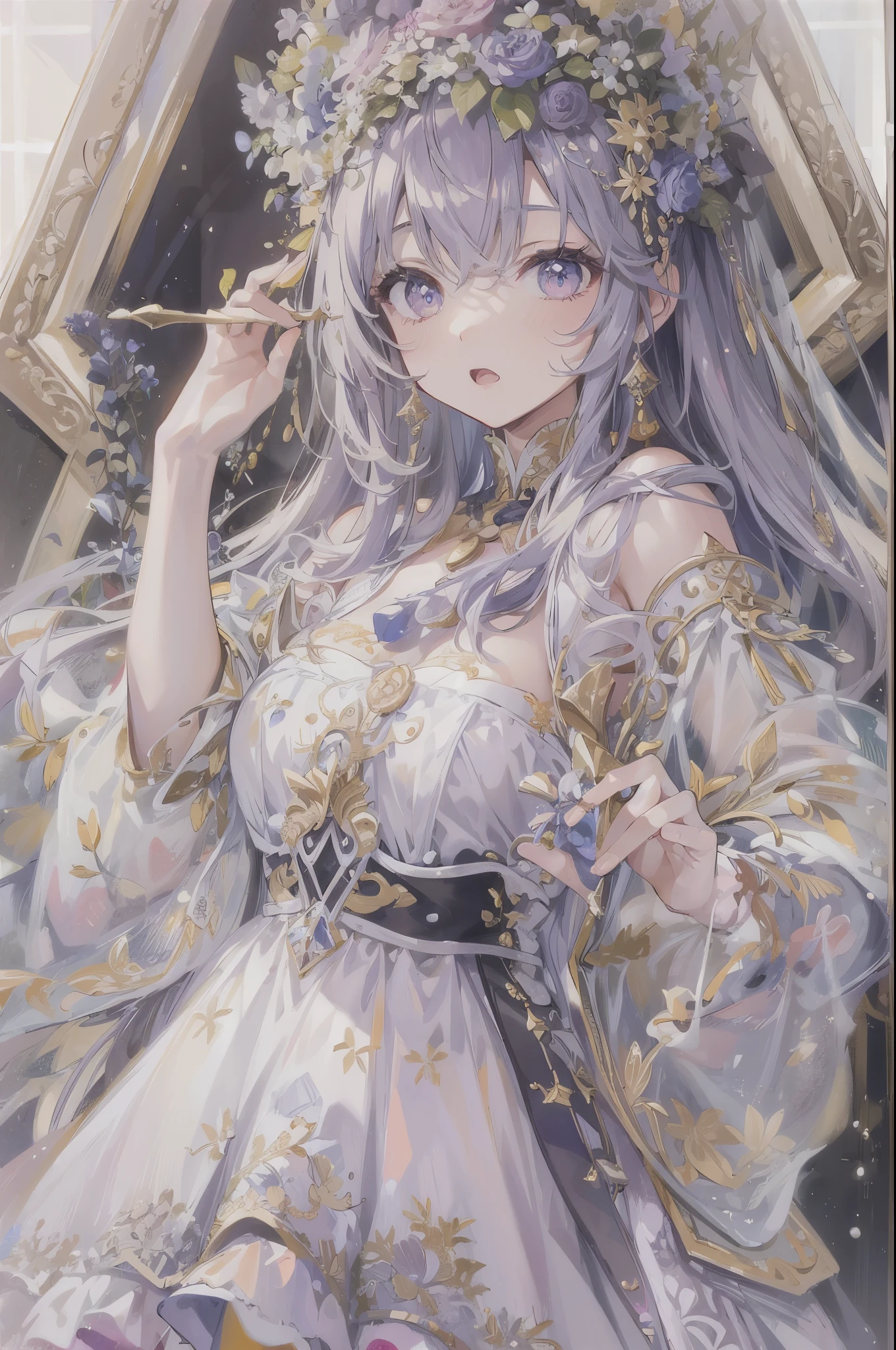 (masterpiece), (best quality), (1 girl)), amazing, beautiful detail eyes, fine details, depth of field, original, (best quality), (super detailed), (best illustration), (best lighting, best shadow), (very delicate and beautiful)), very detailed wallpaper, dream background, from front, landscape, young girl, loli, full body, long white hair, ((gray eyes)), beautiful detailed eyes, medium breasts, (((cobalt long skirt)), fluffy long sleeves, hair accessories, necklace, summer, light, light makeup, outdoor, windbling, floating, giggling, wet, (halo), magic circle, on cabinet, clock, mirror, air, flying