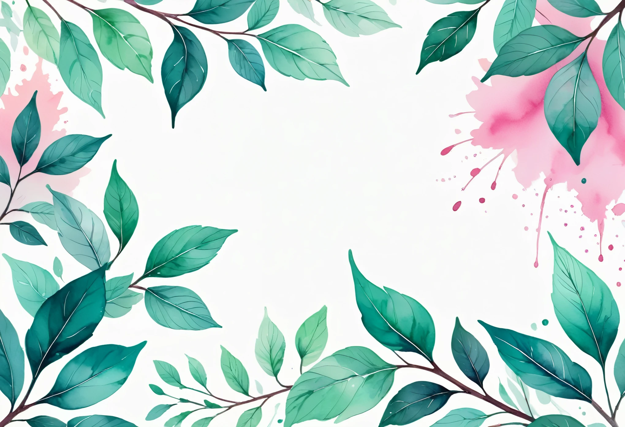 design template, background design, ultra detailed Illustration, long leaves on a branch, white space in the Center, Styles watercolor and ink, detailed strokes, mint, teal and pink color palette, white background,flat design, watercolor splashes, simmetrical, ethereal,4k