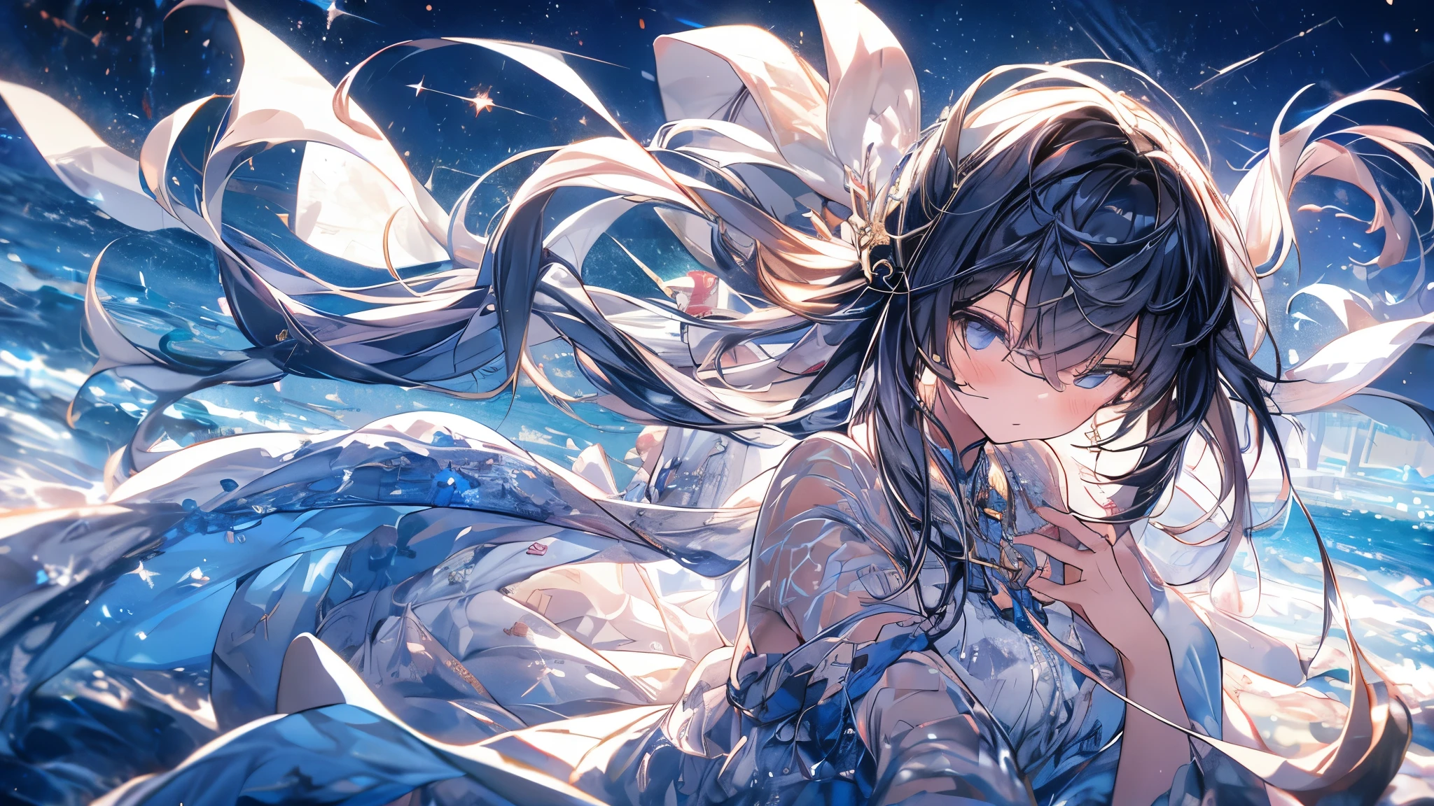 una noche tranquila，cielo estrellado brillante，There was a girl on the roof.。She silently looked up at the starry sky.，Disfruta de esta tarde tranquila。La chica lleva un vestido ligero.，La falda ondea suavemente con el viento.。Su largo cabello brillaba a la luz de la luna.，Exuda un aliento fresco。 Estrellas centelleantes en el cielo nocturno，They were like winking at a ..，Como si quisiera compartir este hermoso momento con ella.。Los ladrillos del tejado adquieren una belleza antigua a la luz de la luna.，A stark contrast to the city's neon lights.。 The girl gently closed her eyes.，She seemed to feel the beauty of this world.。His face looked calm and gentle in the starlight..。Su cuerpo se balanceaba suavemente con la brisa nocturna.，It&#39;s like I&#39;m one with this peaceful night.。 The image is full of tranquility.、Un soplo de belleza y ternura.，Deja que la gente sienta el misterio y la tranquilidad del cielo nocturno.，vista desde larga distancia, atmospheric lighting, Centrarse individualmente, escote de cerca, Visto desde el lado, profundidad de campos, bokeh de fondo
