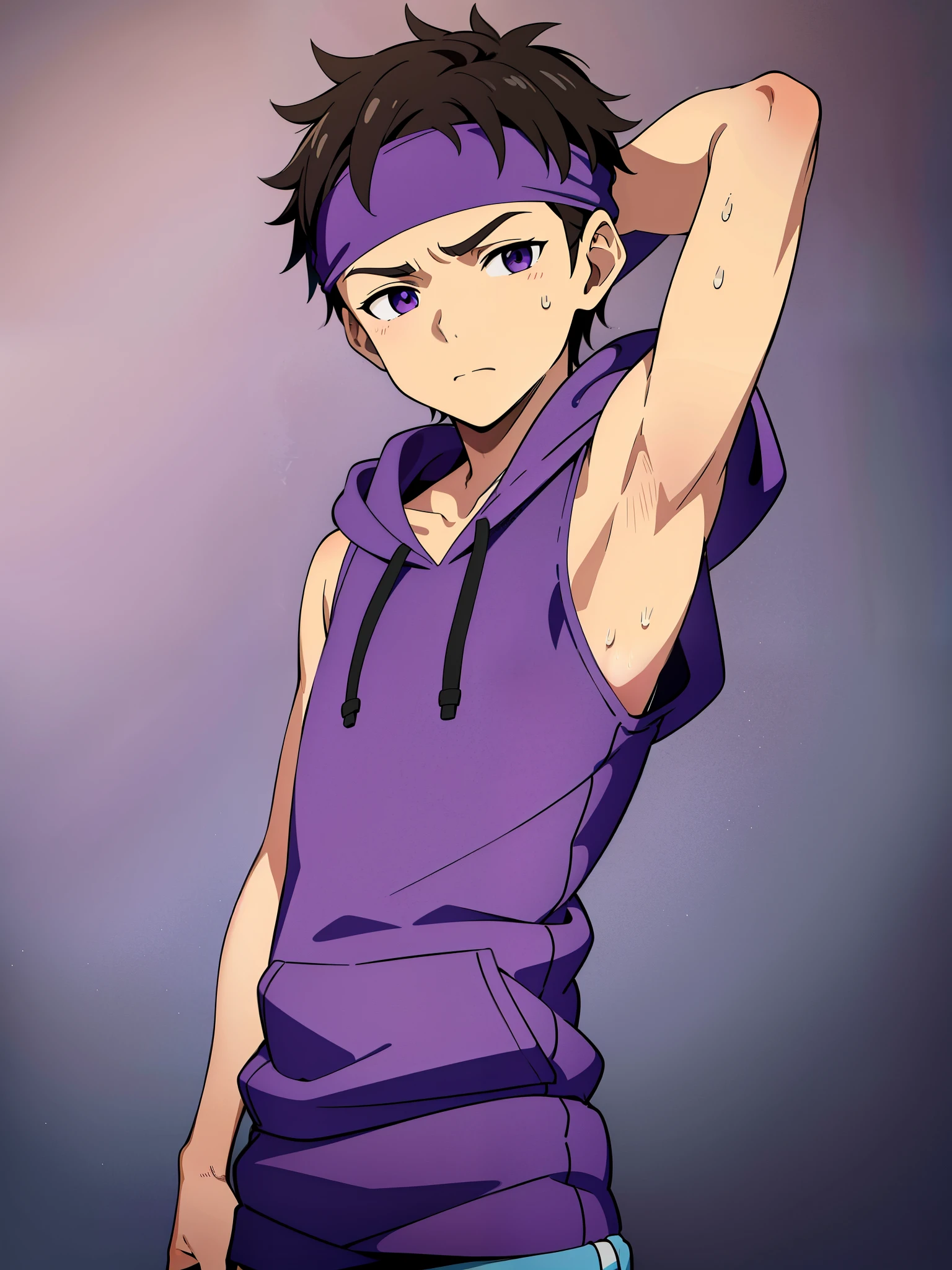 Highres, Masterpiece, Best quality at best,Best Quality,hight quality, hight detailed, 1boy, Shota, Purple hoodie, Wearing headband, Sleeveless hoodie, (Small cute boy), (very young boy), (very small and short body), 12-year-old boys, (Showing armpit:1.3), Simple beckground, Little sweat