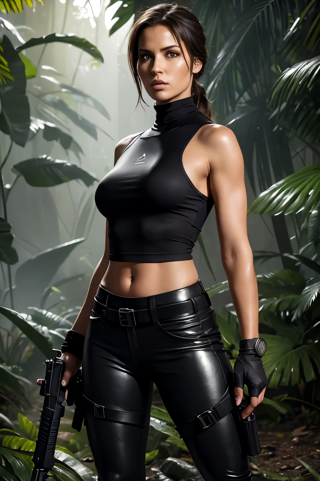 (Meisterwerk, digital art) lara croft tight black shiny turtleneck tank top, black tacitical pants, heavy boots, in the jungle sexy hot