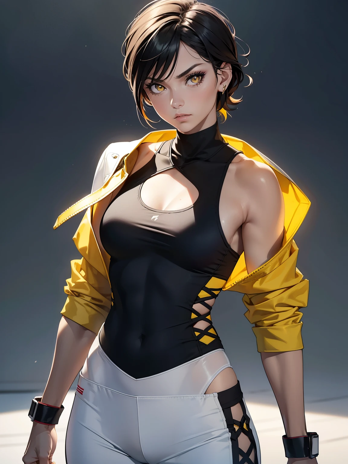 Furious Female boxer lifting the hands in clinch posture, yellow glowing eyes, yellow eyes, short hair wearing boxing gloves, punching the camera, makeup, mascara, Lips are subdued or  colors, Minimalism, monotone, simple color palettes, Clean, sharp designs, flowing silhouettes, sports clothes, fighting clothes, high-waisted short, simple dresses, shirts, pants and blouses, asymmetrical, geometric, Elegant and luxurious materials and designs, Simple, minimal accessories, Distinctive designs, simple silhouettes, chic and mature impression, simple and sophisticated style, elegance, minimalism, high quality materials, cool and urban impression, high fashion, , simplicity and sophistication,