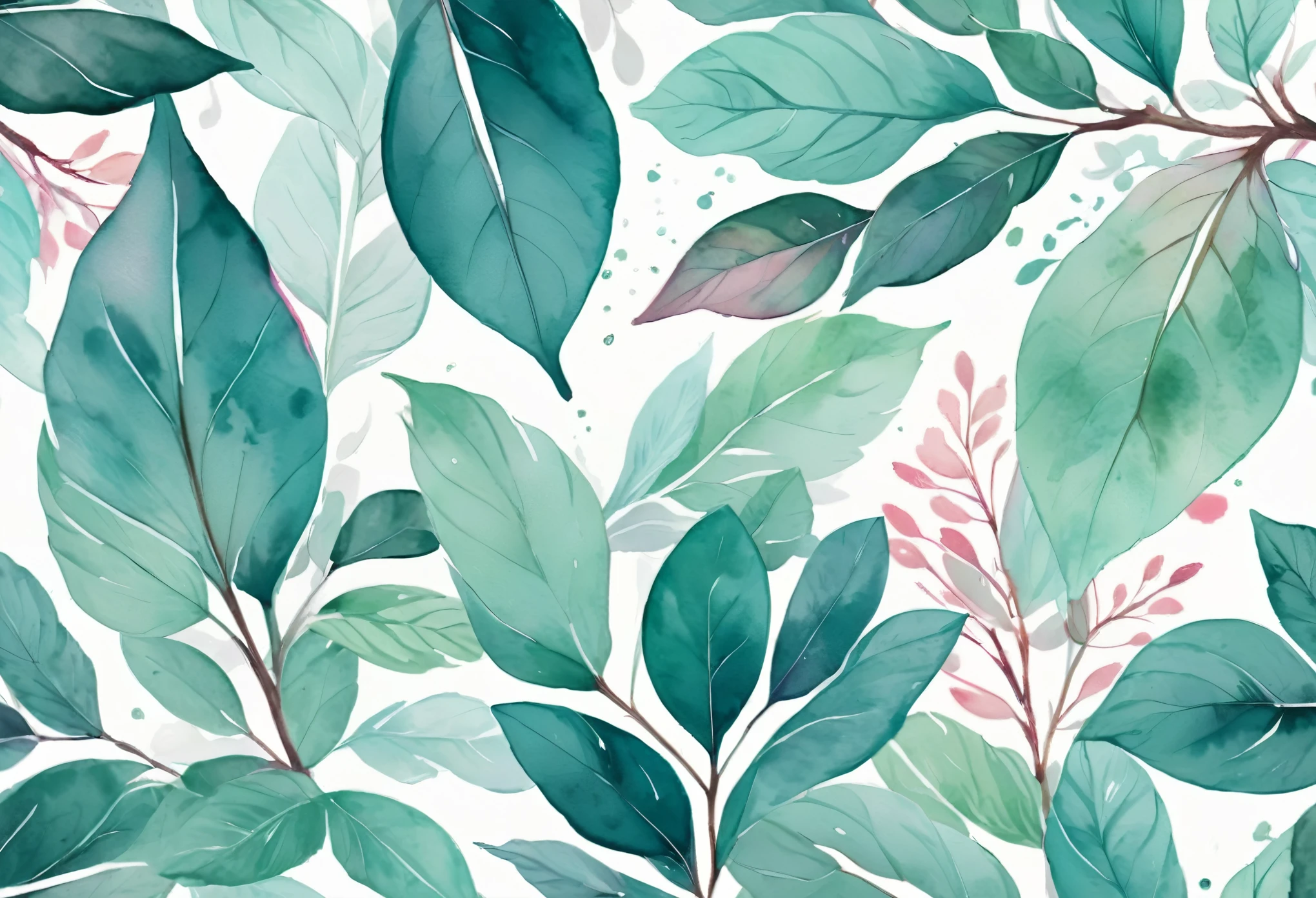design template, background design, ultra detailed Illustration, long leaves on a branch, white space in the Center, Styles watercolor and ink, detailed strokes, mint, teal and pink color palette, white background,flat design, watercolor splashes, simmetrical, ethereal,4k