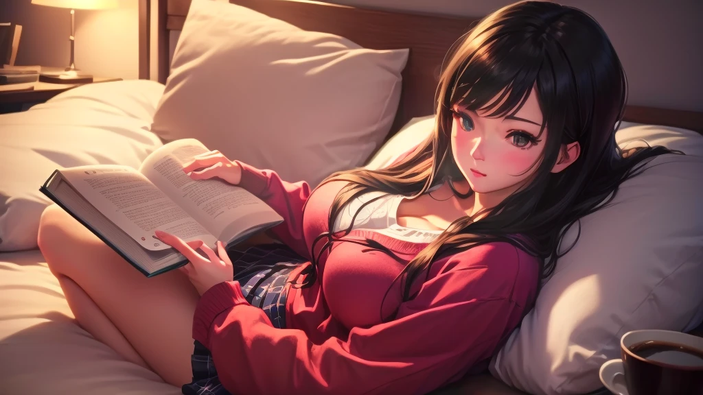 anime girl reading a book in bed with a cup of coffee, anime. Soft lighting, realistic anime 3 d style, anime visual of a cute girl, anime style 4k yen, study, smooth anime cg art, 4k yen manga wallpaper, photorealistic anime, Trying to study, realistic anime artstyle, 4k anime wallpaper, Ilya Kuvshinov. 4k yen