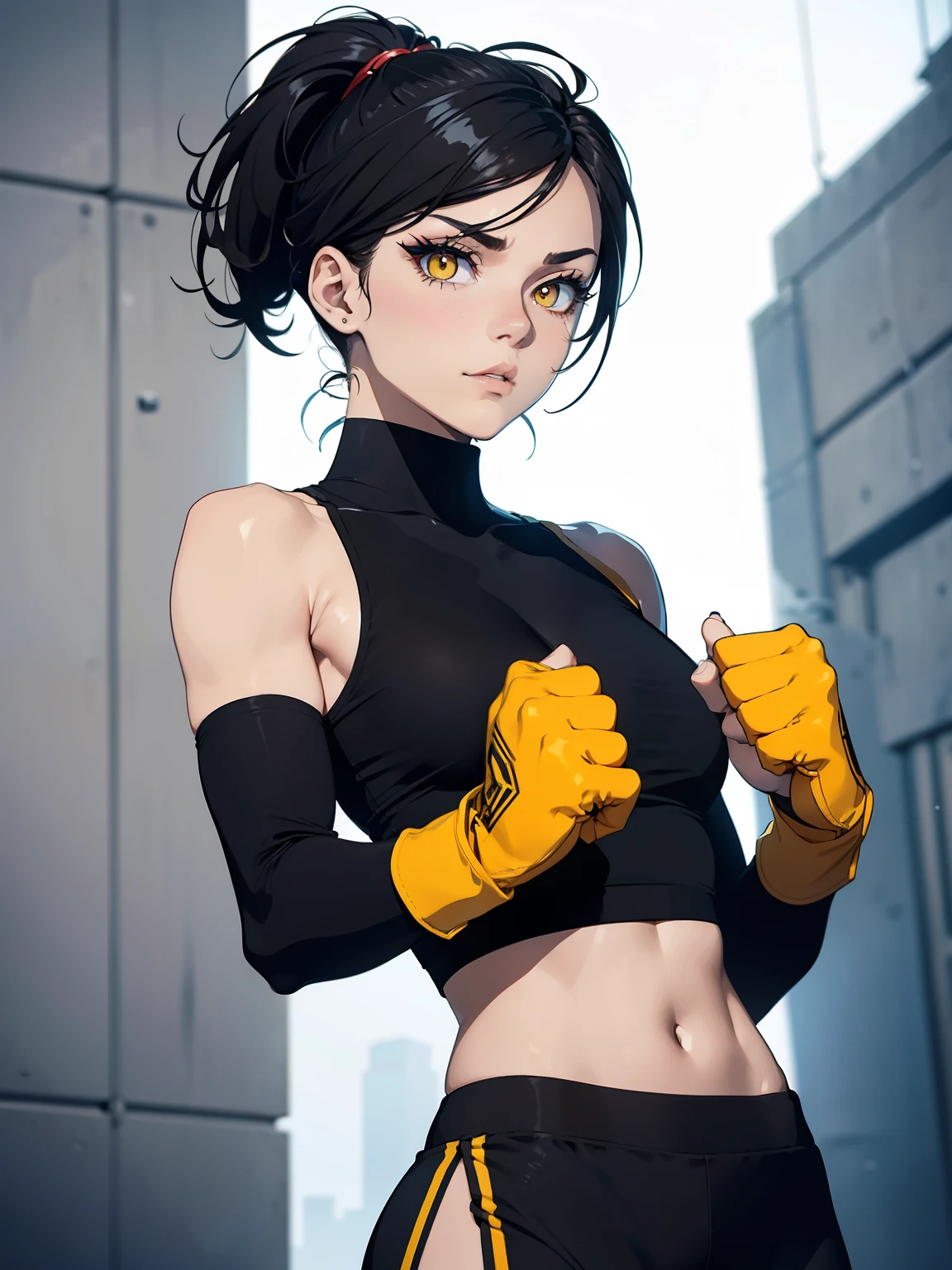 Furious Female boxer lifting the hands in clinch posture, yellow glowing eyes, yellow eyes, short hair wearing boxing gloves, punching the camera, makeup, mascara, Lips are subdued or  colors, Minimalism, monotone, simple color palettes, Clean, sharp designs, flowing silhouettes, sports clothes, fighting clothes, high-waisted short, simple dresses, shirts, pants and blouses, asymmetrical, geometric, Elegant and luxurious materials and designs, Simple, minimal accessories, Distinctive designs, simple silhouettes, chic and mature impression, simple and sophisticated style, elegance, minimalism, high quality materials, cool and urban impression, high fashion, , simplicity and sophistication,