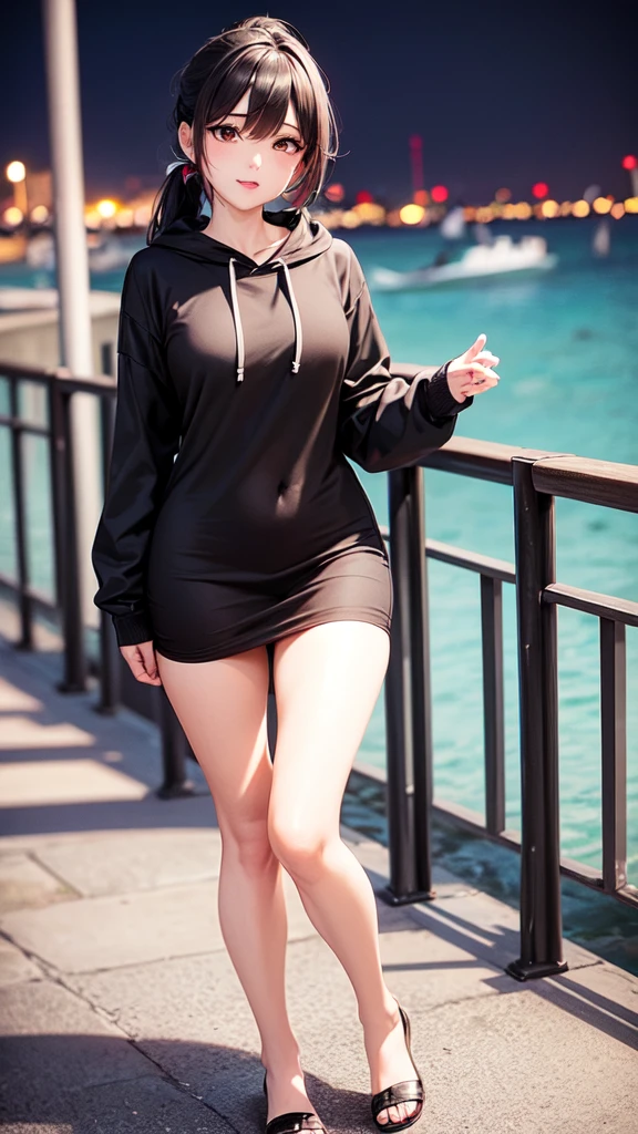 1girl, female_solo, mature black woman, long brunette ponytail, ,medium_breasts, brown_eyes, slim_figure, lipstick, av idol, Drawstring Hoodie Ruched Dress, Casual Long Sleeve Dress, pier at night, hands on rail, Enhance, leaning_forward, by the pier, back turned 