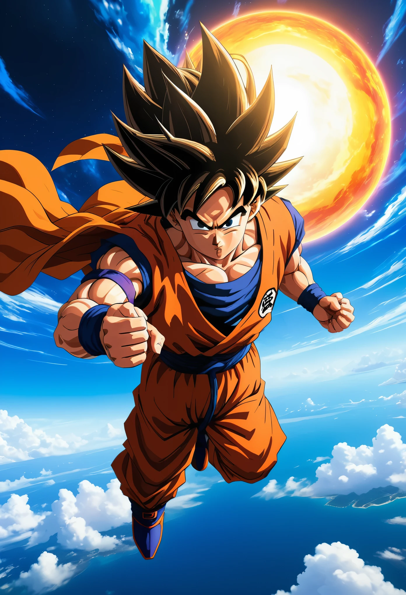 sky scene, sky exploration, Goku, Goku diving, Goku searching, detailed, vibrant colors, dynamic lighting, photorealistic, anime style
