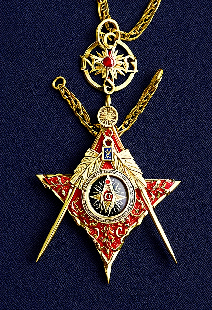 Estandarte rojo y dorado, escuadra, compass, flor de Liz, link chain, bordas and masonic