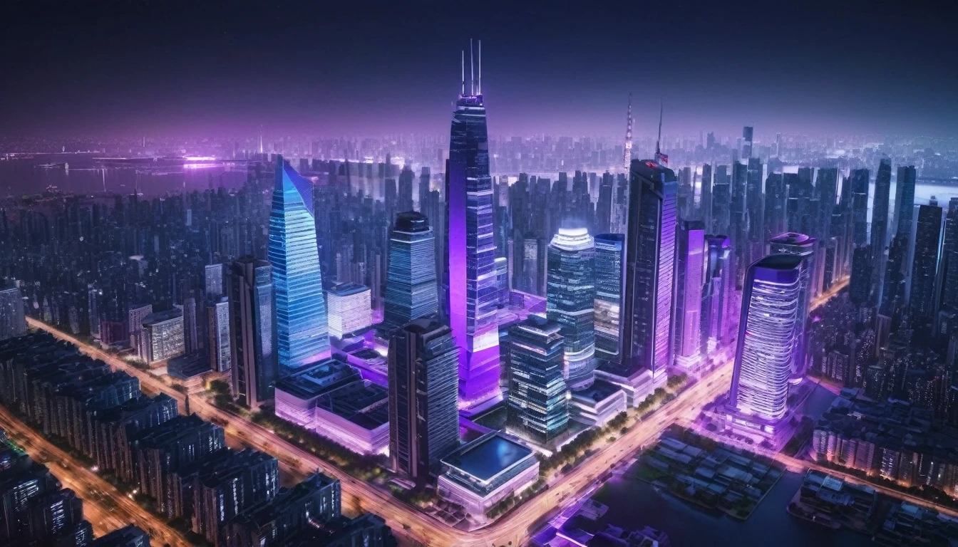 drone view of skyscrapers at night in a futuristic megacity, in the background the skyline is violet blue, insane details, intricate details, amazing fine detail, ultra realistic, hyperrealistic, photorealistic, photograph, photorealism, rich colors, lifelike texture, photorealistic materials,neutral colors, Soft front light,cinematic lighting, dramatic lighting sharp focus, wide angle, film grain, dslr, raw photo, 16k, photographed on Nikon