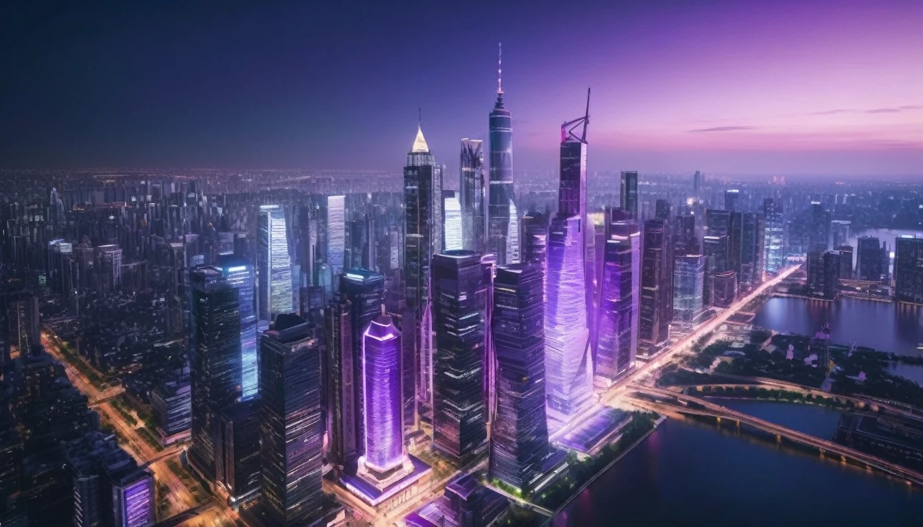 drone view of skyscrapers at night in a futuristic megacity, in the background the skyline is violet blue, insane details, intricate details, amazing fine detail, ultra realistic, hyperrealistic, photorealistic, photograph, photorealism, rich colors, lifelike texture, photorealistic materials,neutral colors, Soft front light,cinematic lighting, dramatic lighting sharp focus, wide angle, film grain, dslr, raw photo, 16k, photographed on Nikon