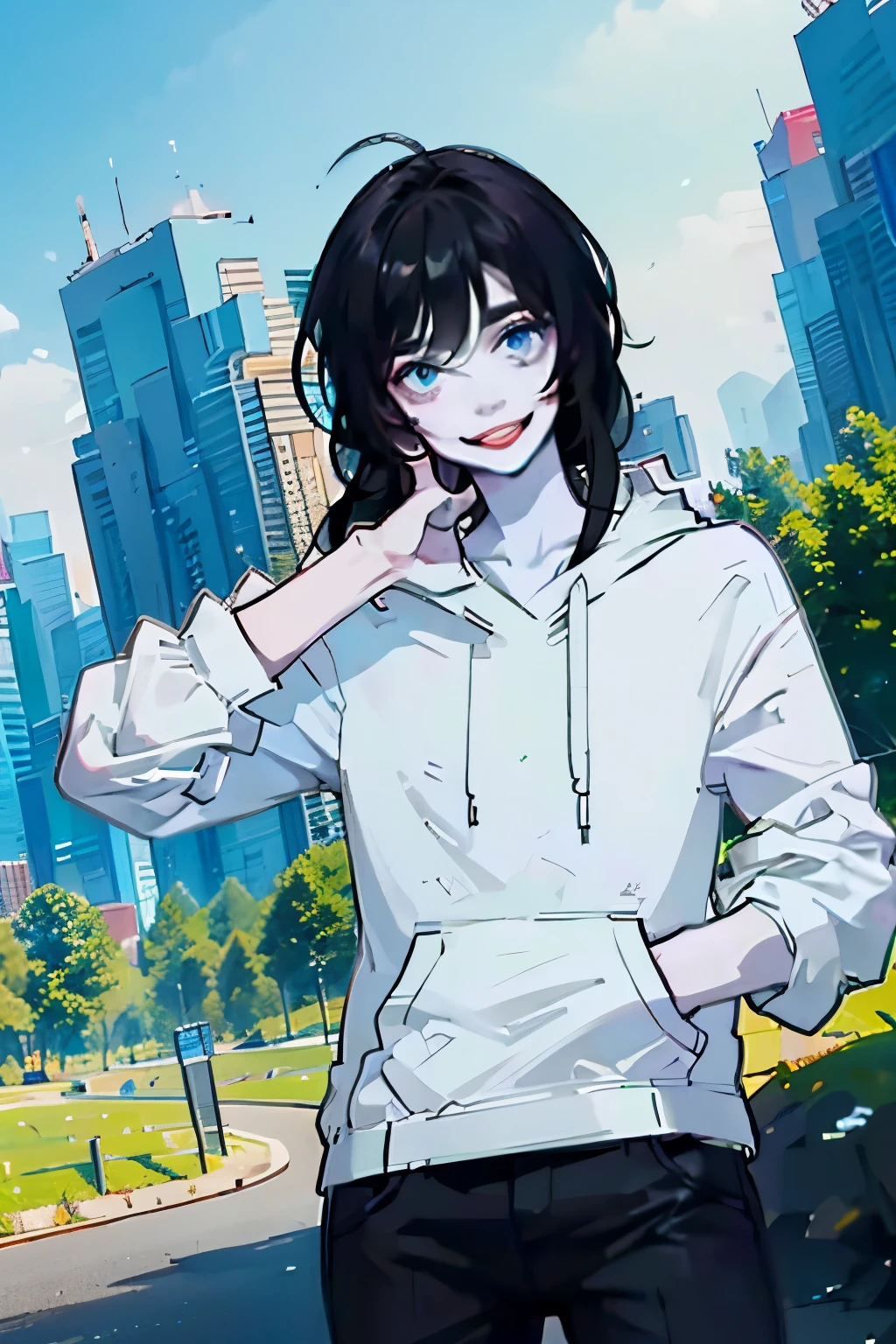 jeff, black long hair, slit smile, blue eyes, white hoodie, pale white skin, happy
