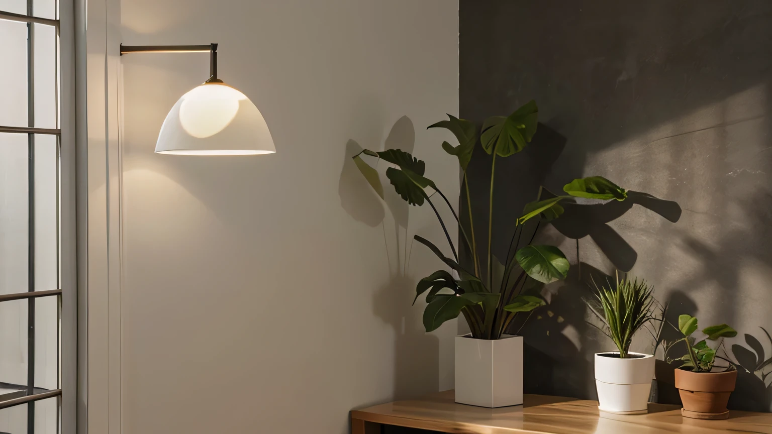modern wall background with plant and lamp
