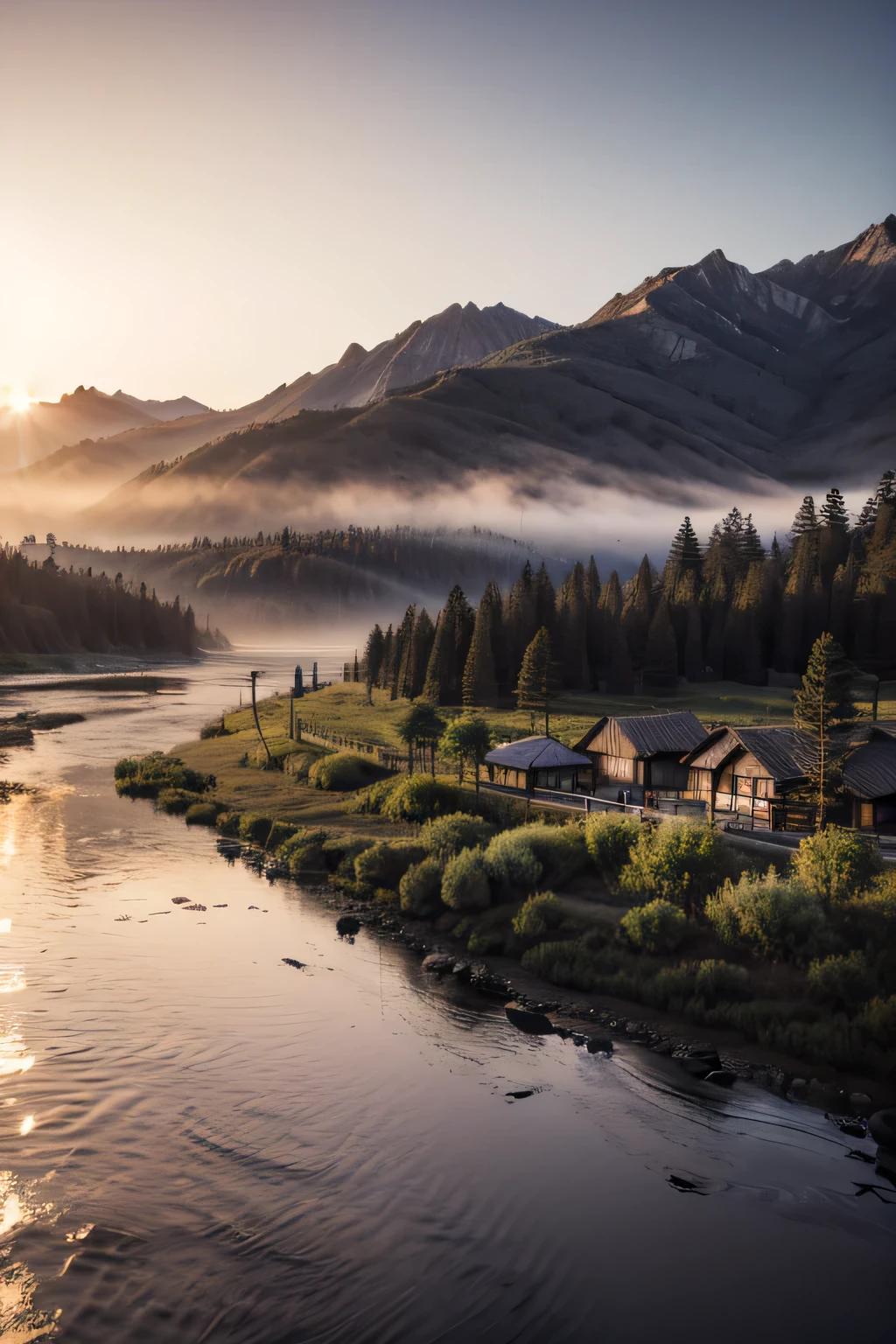 Distant Mountain々, sunrise, wood, river