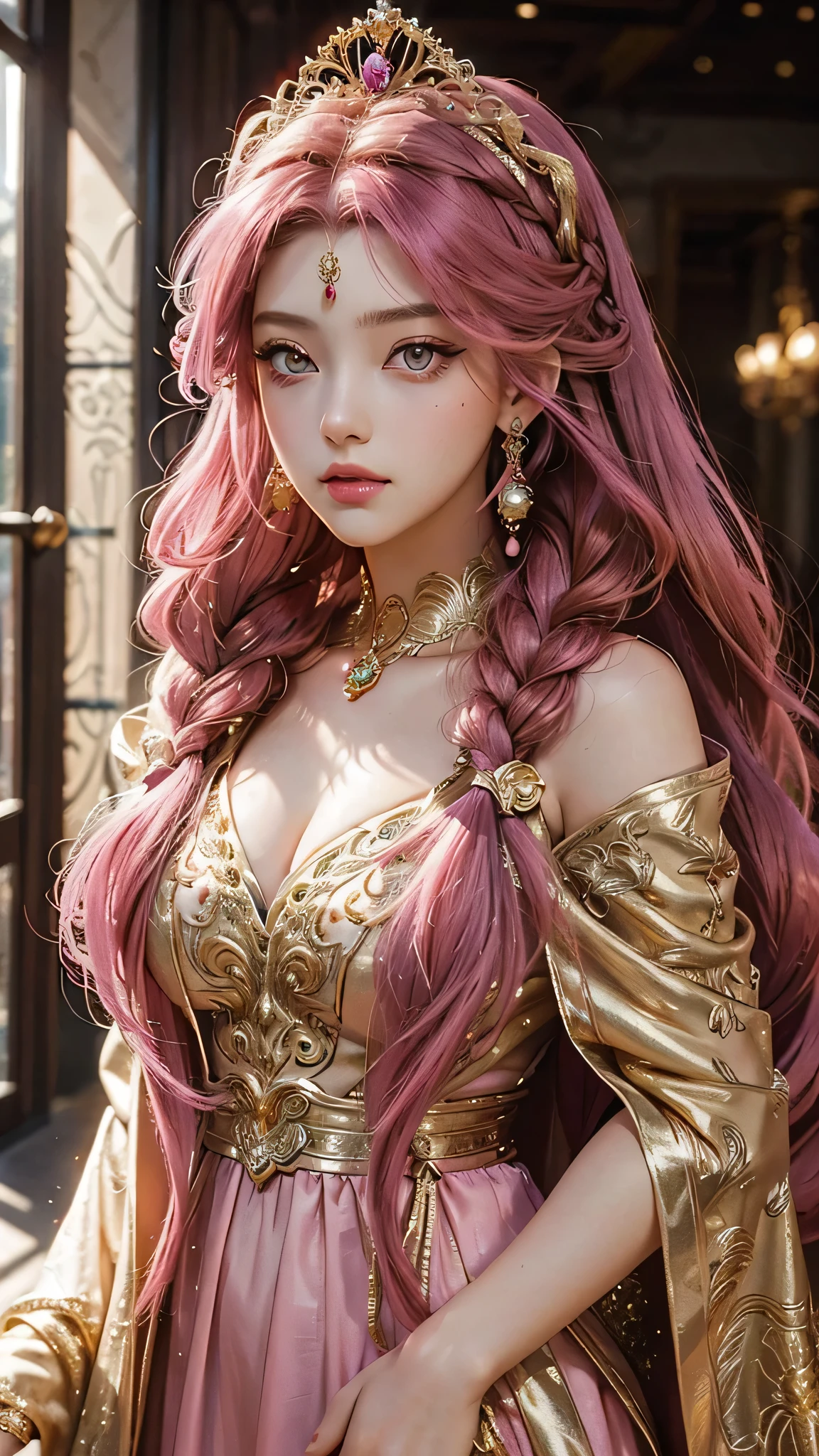 (masterpiece), best quality, expressive eyes, perfect face, 1girl, goddess, portrait, fuchsia hair, long hair, two braids, pink eyes, gold earrings, gold accessories, tiara, greek style dress