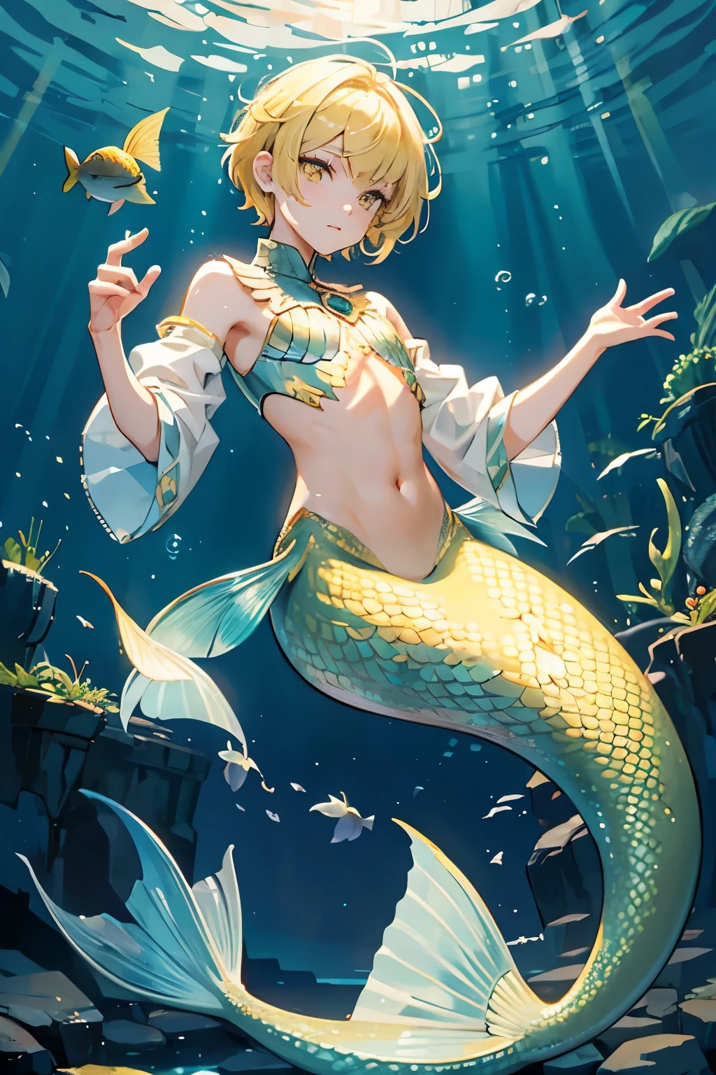 boy, short haircut, Blonde hair, yellow eyes, fish scales on hands, mermaid, good quality