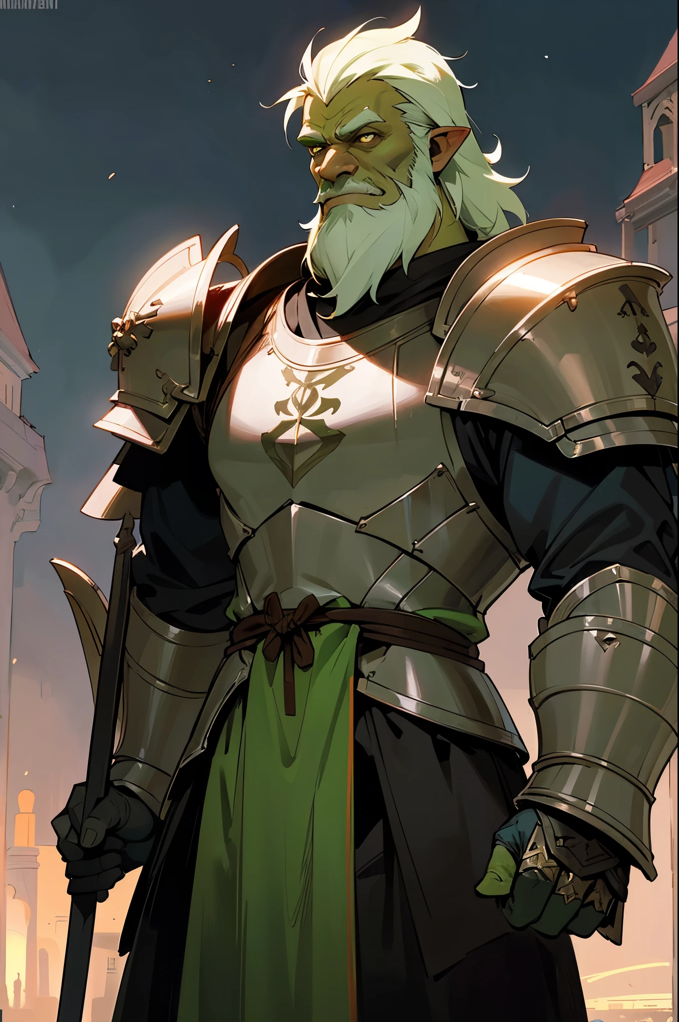 score_9, score_8_up, score_7_up, solo, male focus, mature male, orc, green skin, tusks, beard, outdoors, armor, looking at viewer, shoulder armor, breastplate, upper body, closed mouth, pauldrons, night, night sky, standing

