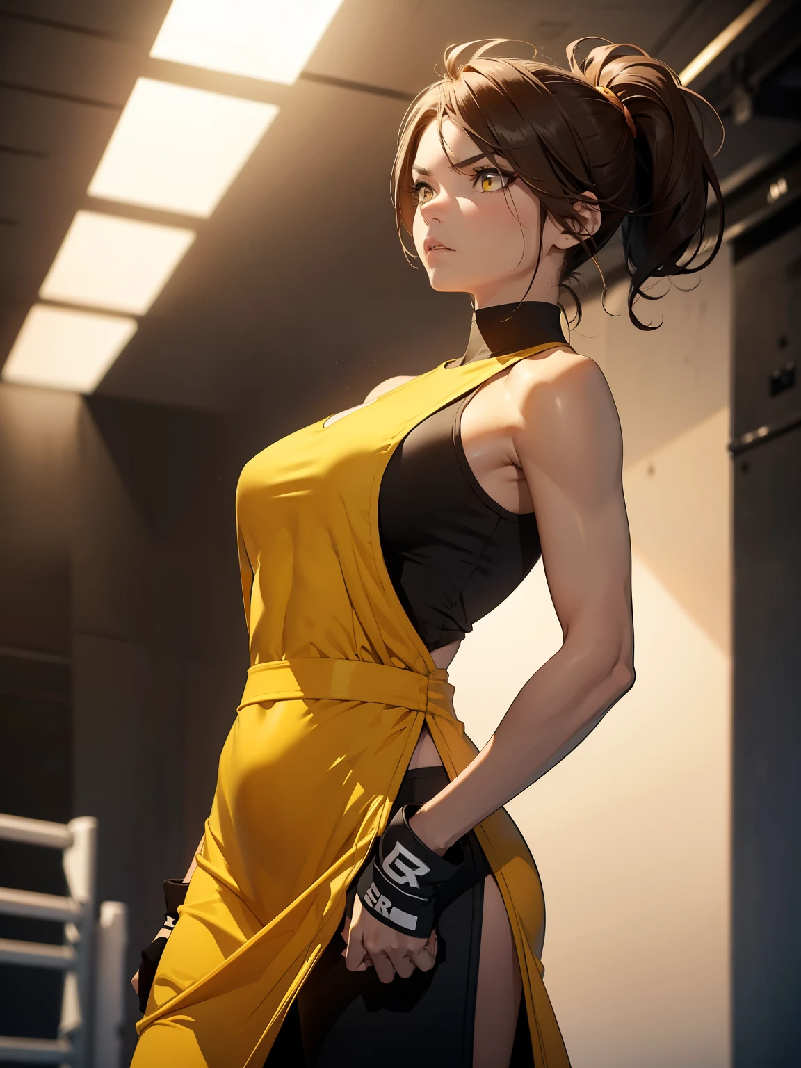 Furious Female boxer lifting the hands in clinch posture, , brown hair, yellow glowing eyes, yellow eyes, short hair wearing boxing gloves, punching the camera, makeup, mascara, Lips are subdued or  colors, Minimalism, monotone, simple color palettes, Clean, sharp designs, flowing silhouettes, sports clothes, fighting clothes, high-waisted short, simple dresses, shirts, pants and blouses, asymmetrical, geometric, Elegant and luxurious materials and designs, Simple, minimal accessories, Distinctive designs, simple silhouettes, chic and mature impression, simple and sophisticated style, elegance, minimalism, high quality materials, cool and urban impression, high fashion, , simplicity and sophistication,