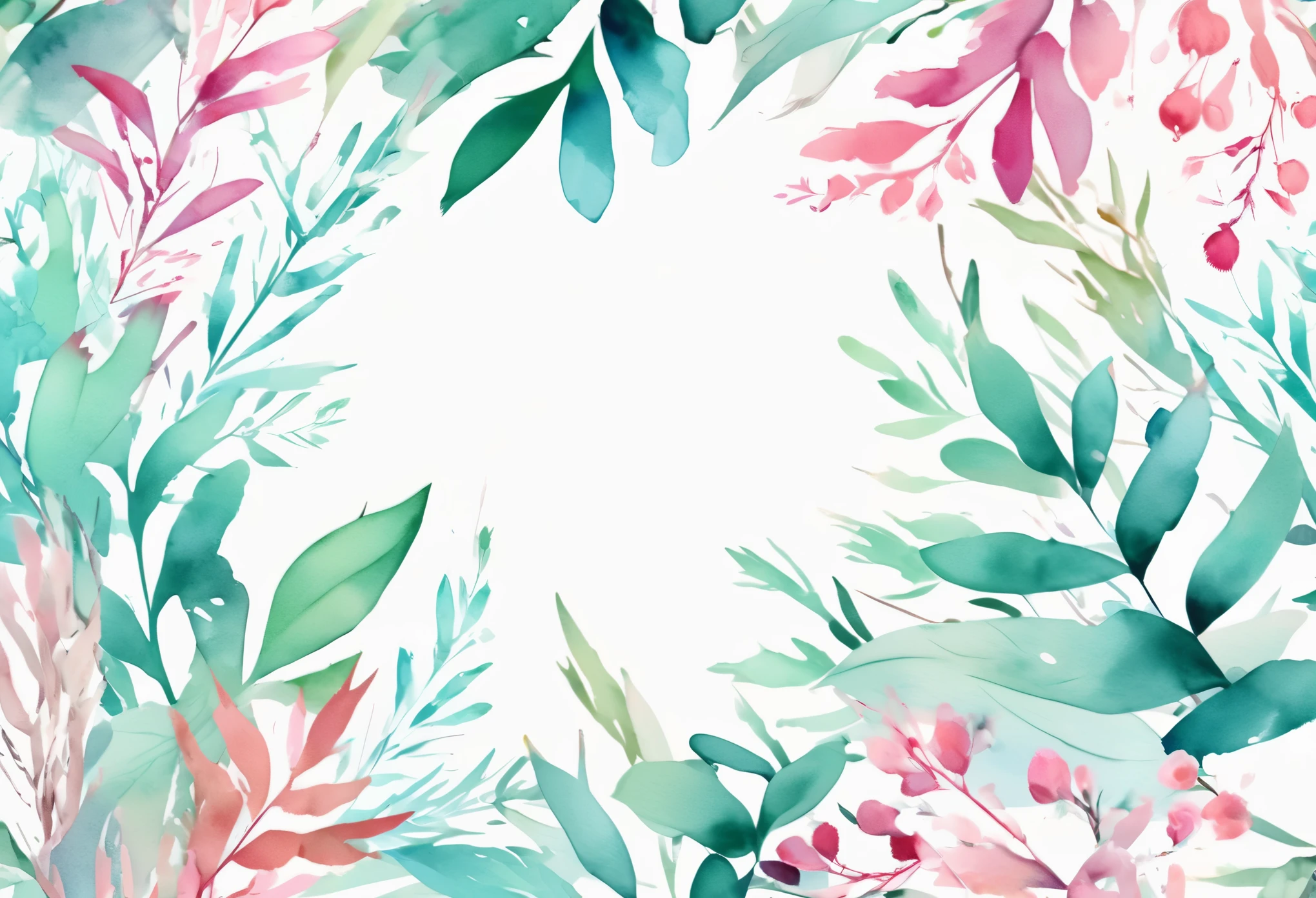 design template, seamless background design, ultra detailed Illustration, wreath long leaves on a branch, white space in the Center, Styles watercolor and ink, detailed strokes, mint, teal and pink color palette, white seamless background,flat design, watercolor splashes, simmetrical, ethereal,4k