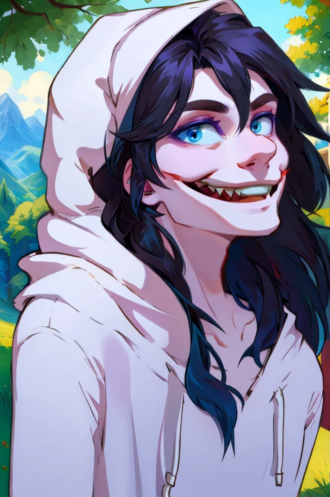 jeff, black long hair, slit smile, blue eyes, white hoodie, pale white skin, happy
