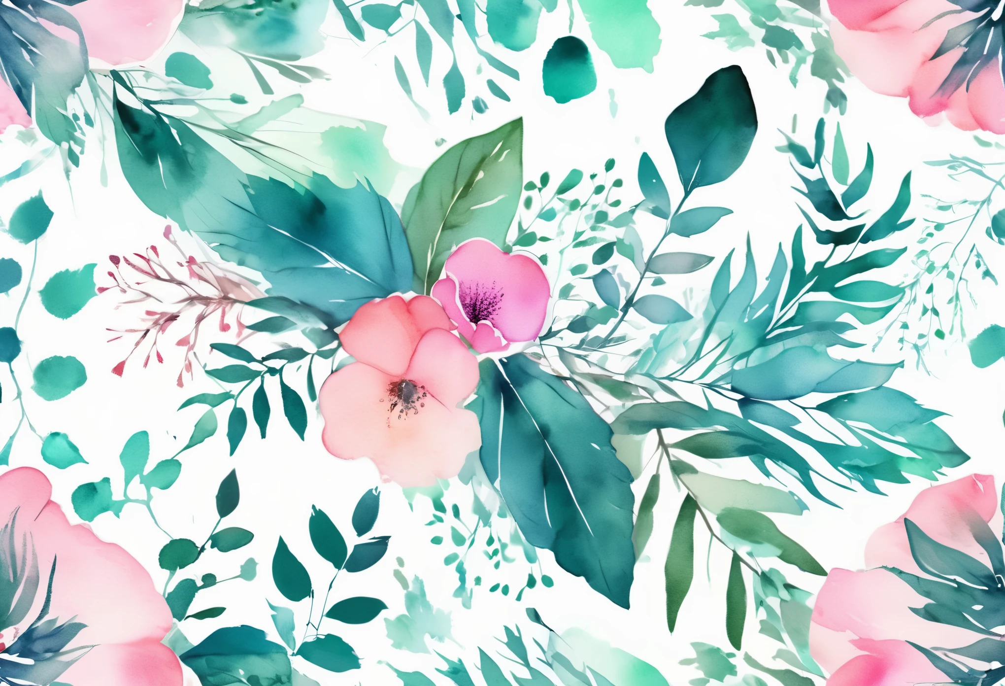 design template, seamless background design, ultra detailed Illustration, wreath long leaves on a branch, white space in the Center, Styles watercolor and ink, detailed strokes, mint, teal and pink color palette, white seamless background,flat design, watercolor splashes, simmetrical, ethereal,4k