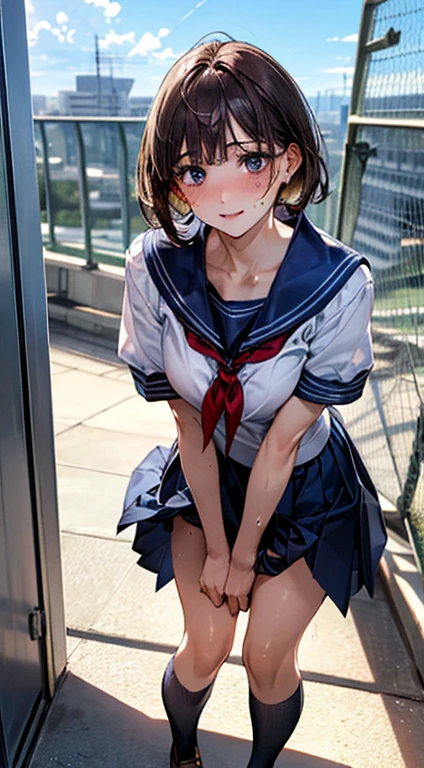 (((Perfect Anatomy, Anatomically correct, Very detailedな肌))), 1 girl, Japanese, high school girl, Shiny skin, Observe your audience,
Beautiful Hair, Beautiful Face, Beautiful fine details, (short hair:1.1, Bobcut:1.2), Dark blonde hair:1, blue eyes, , Mole under the eye,
Beautiful clavicle, Beautiful body, Beautiful breasts, Large Breasts:0.5, Beautiful thighs, Beautiful feet,
((Short sleeve, Cute sailor uniform, all in dark blue, Dark blue pleated skirt, Navy blue sailor color, Sailor scarf, socks, Brown Loafers)), Captivating thighs, (Red Slave Collar),
((, Embarrassing, , , Sweaty)), ((Are standing, Panties around the ankles, Pull down your panties, one pair of Panties around the ankles,)),
(Beautiful views), summer, School rooftop, building, Chain link fence,
8k, highest quality, Masterpiece:1.2, Very detailed), (Realistic), Beautiful illustrations, Natural light, ,