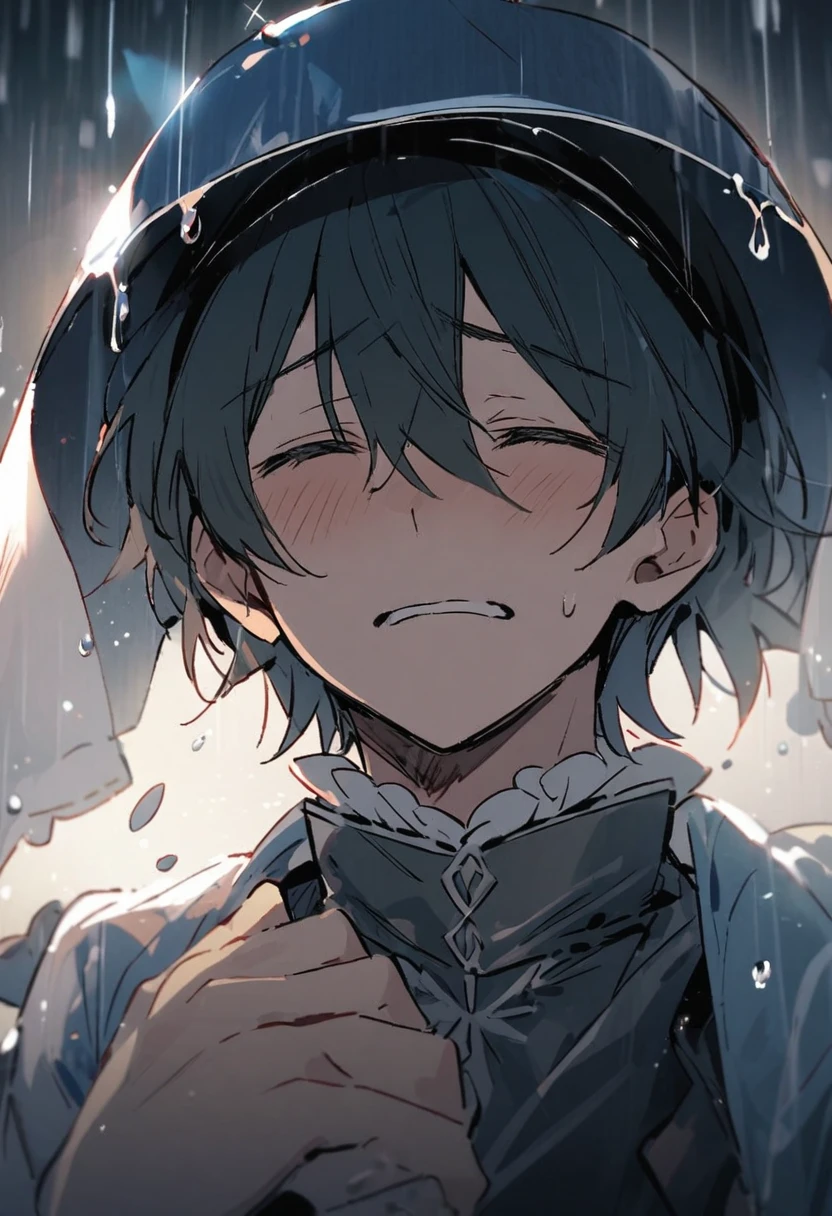 Un chico triste llorando bajo la lluvia cantando, male
