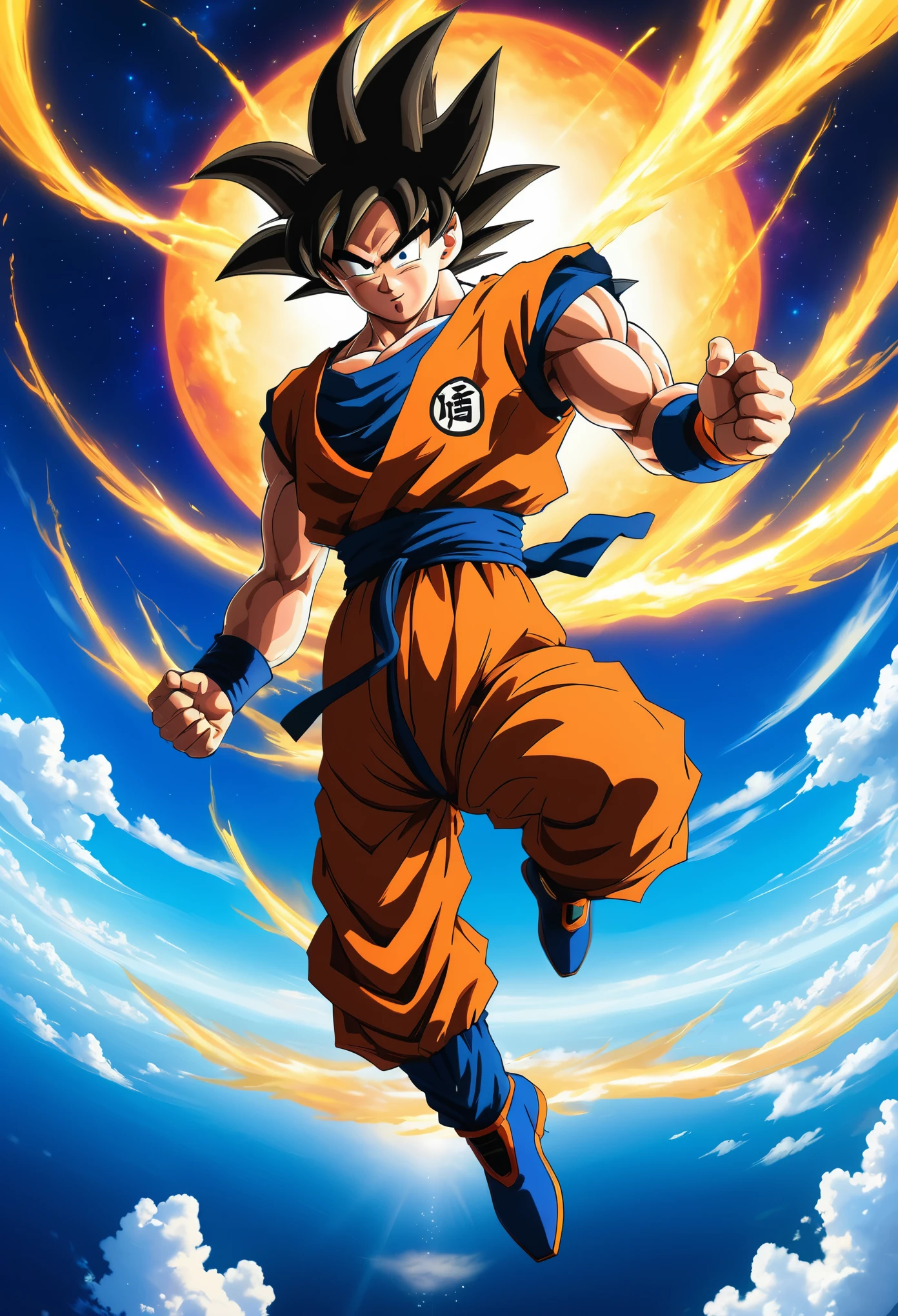 sky scene, sky exploration, Goku, Goku diving, Goku searching,  detailed, vibrant colors, dynamic lighting, photorealistic, anime style