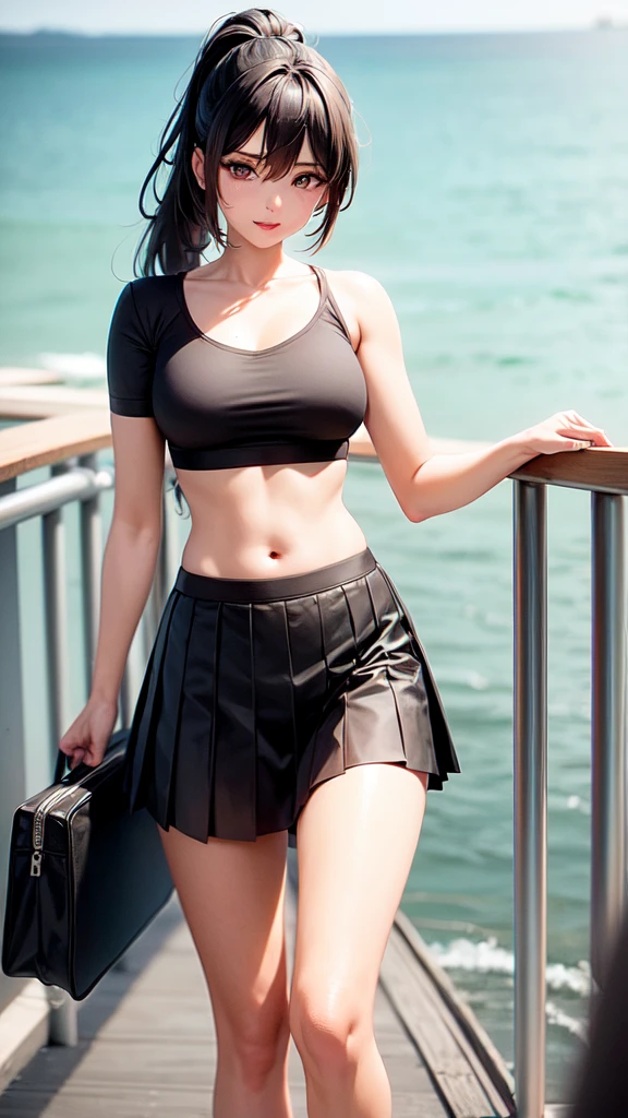 1girl, female_solo, mature black woman, long brunette ponytail, ,medium_breasts, brown_eyes, slim_figure, lipstick, black crop top and pleated skirt, hazy morning at the pier