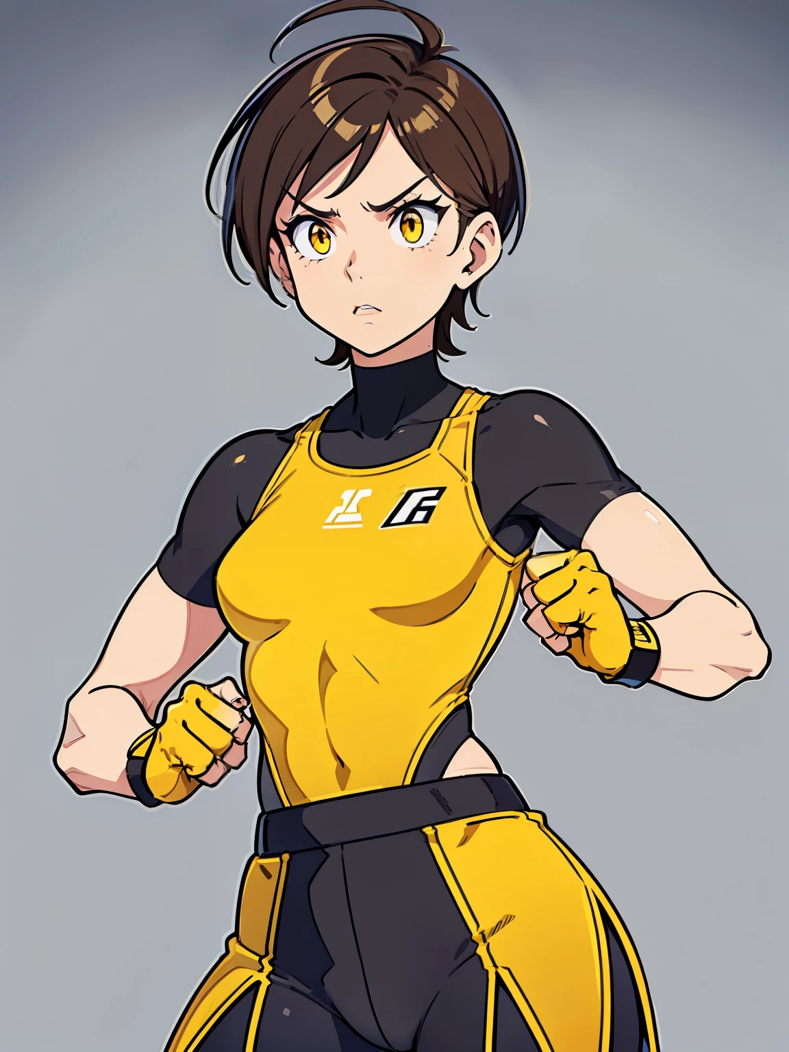 Furious Female boxer lifting the hands in clinch posture, , brown hair, yellow glowing eyes, yellow eyes, short hair wearing boxing gloves, punching the camera, makeup, mascara, Lips are subdued or  colors, Minimalism, monotone, simple color palettes, Clean, sharp designs, flowing silhouettes, sports clothes, fighting clothes, high-waisted short, simple dresses, shirts, pants and blouses, asymmetrical, geometric, Elegant and luxurious materials and designs, Simple, minimal accessories, Distinctive designs, simple silhouettes, chic and mature impression, simple and sophisticated style, elegance, minimalism, high quality materials, cool and urban impression, high fashion, , simplicity and sophistication,