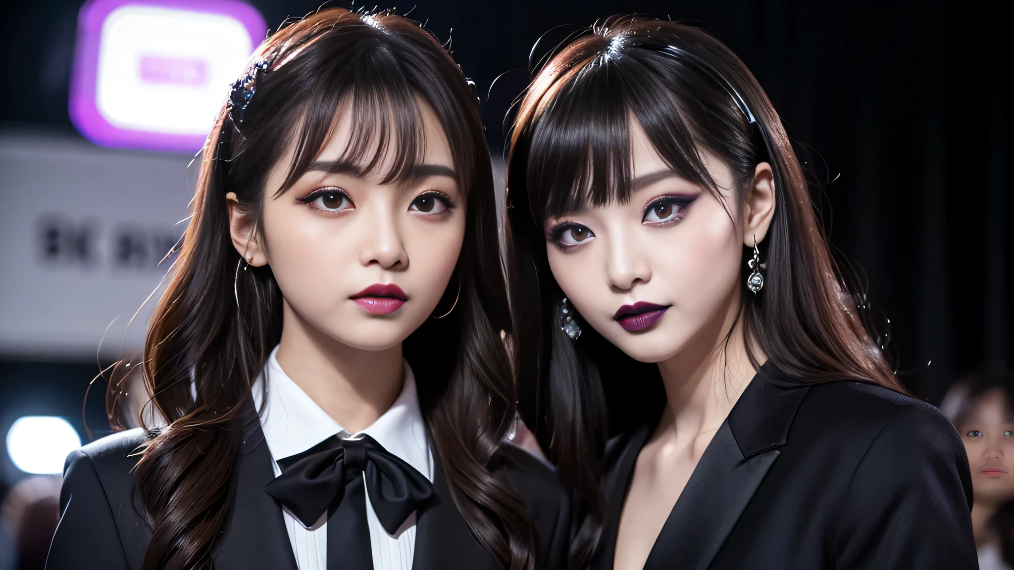 1 person、best quality、ultra-detailed、4k、Japanese、Seductive beauty、seductive adult woman、Pretty Woman、cool girl、Villainess、Brainwashed、brainwash、Fallen into evil、smirk、Evil look、Wicked Smile、evil、Brown hair、wavy hair、swept bangs、dark makeup、dark makeup、piercing eyes、hollow eyes,half-closed eyes、Hollow Eyes、purple Eyeshadow、black lipstick、black lipglos、female teacher、suit、ribbon、Jacket、night、inside darkroom、Applying lipstick、