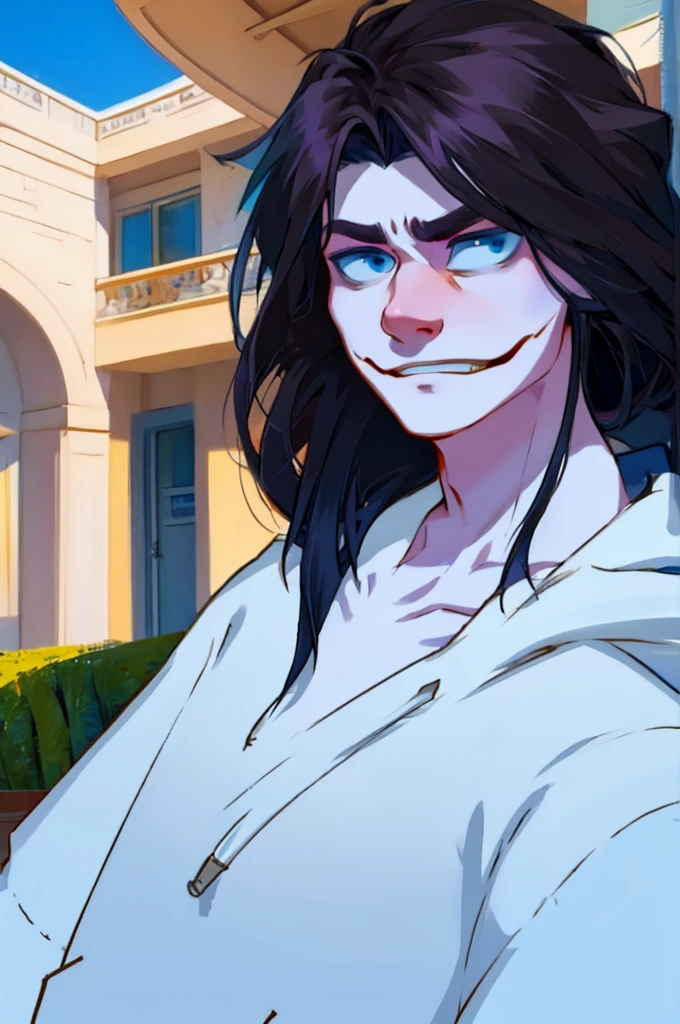 jeff, black long hair, slit smile, blue eyes, white hoodie, pale white skin, sad