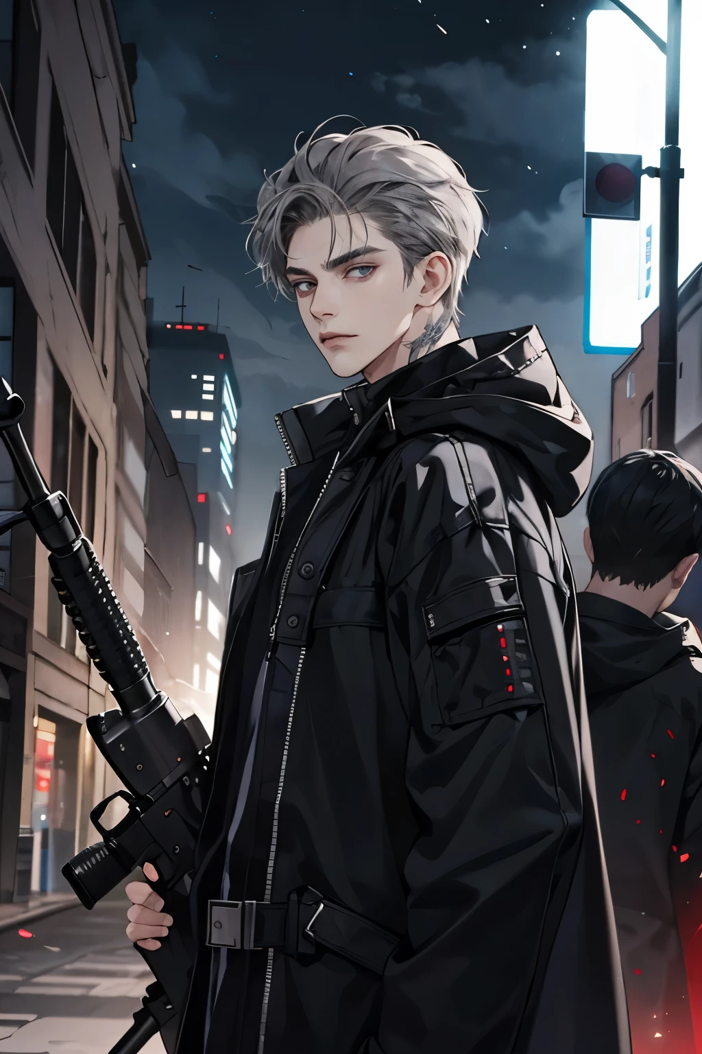 1male, looking at viewer, solo, black techwear coat, hood, dark night city, short gray shaggy hair, brutal, detalized face, with buckle and tape, Carrying a sniper rifle on his back, serious expression, vampire hunter