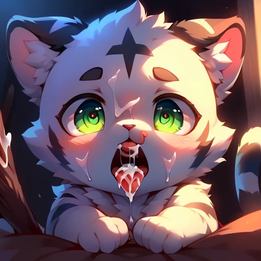 , highest quality, (alone ), (Perfect Face:1.1), (Attention to detail:1.1), (Ultra-detailed eyes), dramatic, fluffy,baby,On the bed,,Full body fur,boy,White fur,Black tiger pattern,Black eyebrows,White Tiger,baldness,baldness,baby,Whites of the eyes are light green,Cat Eyes,Slanted Eyes,Backwards,fluffy, face down,Stand on your feet,(((((Open your mouth and stick out your tongue))))),Drooling,Close up of face,Close up of face、Face Focus,Drooling,drooling a lot,looking at the camera,((Bukkake)),(((cum in mouth))),Photographer's POV,Hands on the camera,Small penis