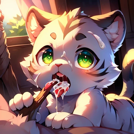 , highest quality, (alone ), (Perfect Face:1.1), (Attention to detail:1.1), (Ultra-detailed eyes), dramatic, fluffy,baby,On the bed,,Full body fur,boy,White fur,Black tiger pattern,Black eyebrows,White Tiger,baldness,baldness,baby,Whites of the eyes are light green,Cat Eyes,Slanted Eyes,Backwards,fluffy, face down,Stand on your feet,(((((Open your mouth and stick out your tongue))))),Drooling,Close up of face,Close up of face、Face Focus,Drooling,drooling a lot,looking at the camera,((Bukkake)),(((cum in mouth))),Photographer's POV,Hands on the camera,Small penis