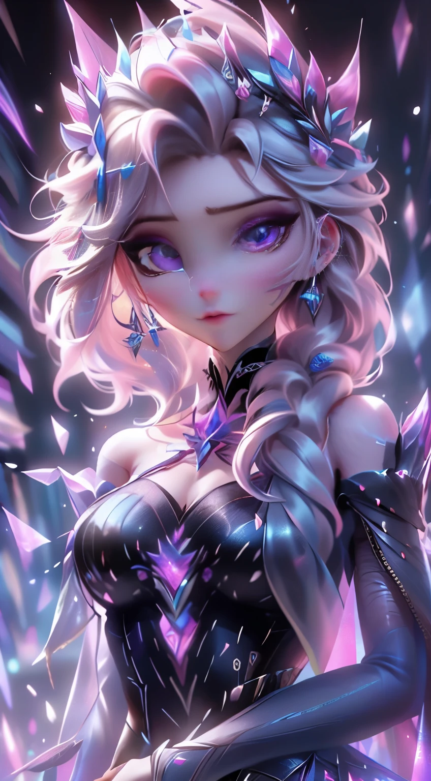 (elsa frozen-rose quartz SU mezclando modelos .) (ultra FUSION) Highly detailed CG unity 8k wallpaper, style shot, complex, high detail, dramatic, highest quality movie still image, very detailed, masterpiece, best quality, character design, Elsa, Elsa from Frozen,Pink Diamond fusion (( Dark style)), realistic ultra-detailed rendering style, natural light, sharp character design, (hard focus, 8k), (((natural skin texture))), 8k textures, soft cinematic lighting, adobe lightroom, dark room, hdr, Sophisticated, Elegant, Rich Detail, Sharp Focuilm Look) )), Soothing Tones, Detail Frenzy, Intricate Detail, Super Detail, Low Contrast, Soft Film Lighting, Dull Colors, Exposure Blending, HDR, Fade, 35mm, f/1.4, ISO64, f16, 25 sec.