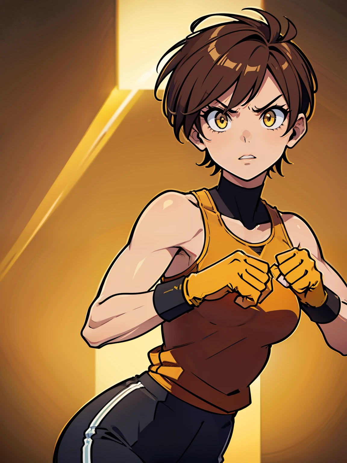 Furious Female boxer lifting the hands in clinch posture, short hair,brown hair, yellow glowing eyes, yellow eyes, short hair wearing boxing gloves, punching the camera, makeup, mascara, Lips are subdued or colors, Minimalism, monotone, simple color palettes, Clean, sharp designs, flowing silhouettes, sports clothes, fighting clothes, high-waisted short, simple dresses, shirts, pants and blouses, asymmetrical, geometric,