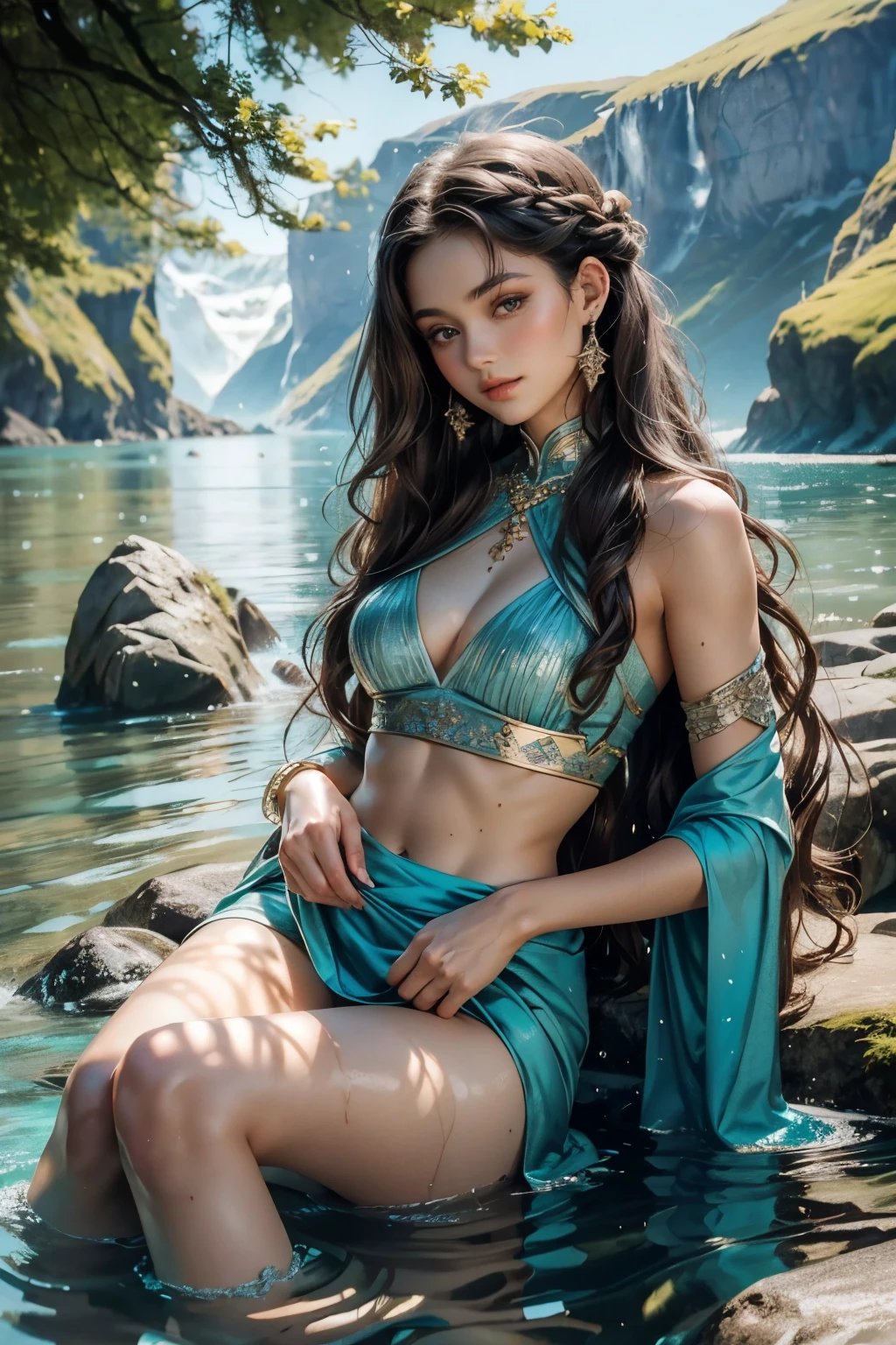 Beautiful Brunettes: Two stunning brunettes with long wavy hair and captivating hazel eyes, epitomizing the essence of natural beauty. Swimming in Norwegian Fjords: They gracefully dive into the pristine, crystal-clear waters of the Norwegian fjords, surrounded by majestic mountains and lush greenery. Viking Clothes: Donning traditional Viking attire, their bodies are adorned with intricately woven fabric, complementing the pristine beauty of their environment. Perfect Bodies: Their fit and toned frames glisten in the sunlight, showcasing the pinnacle of human physique. Amazing Background: The breathtaking