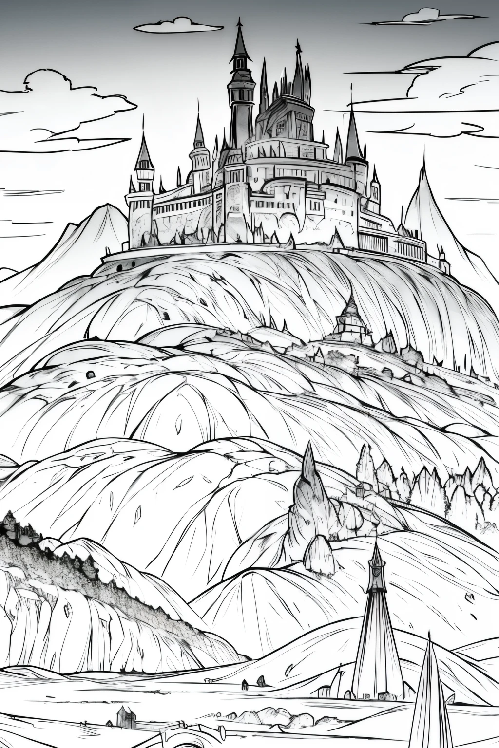medieval dnd fantasy castle, castle on a hill, mountains in the background, dragon in the background flying in the sky