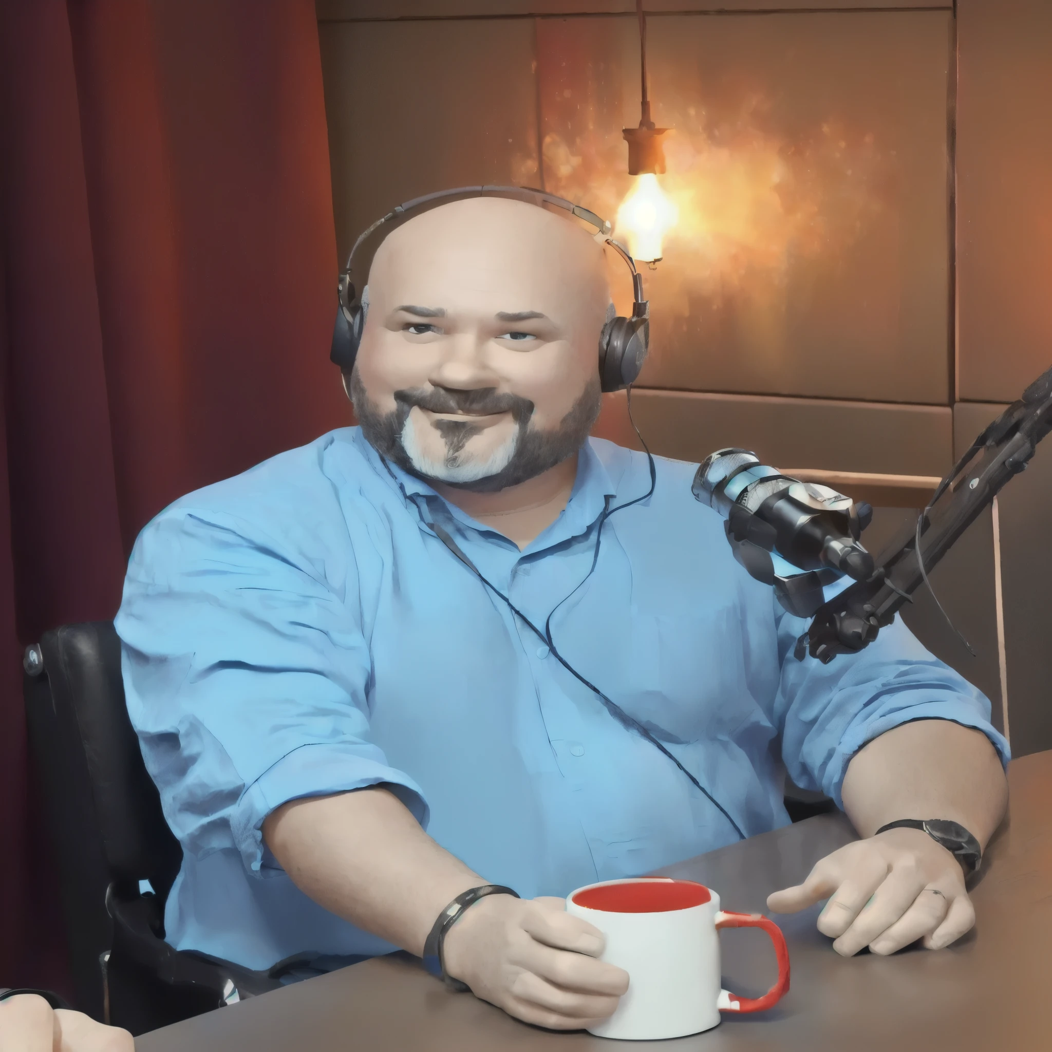 Disney pixar style photo with a frayed man in a blue shirt sitting at a table with a mug of coffee, Greg Rutkowski e Wlum, Kyle frio, Greg Rutkowski Wlop, promo image, por Alexander Fedosav, taken at the beginning of 2020, sentado na frente de um microfone, back photo, Greg Rutkovsky, cory loft gelo