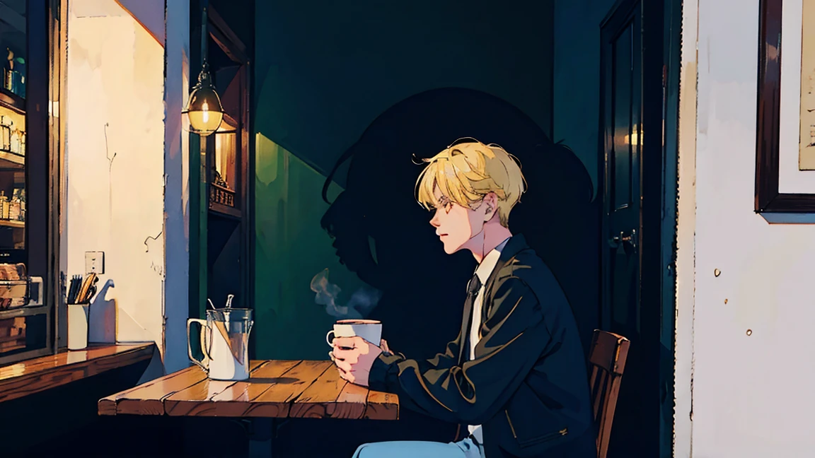 Cool and handsome Asian boy with blond hair sitting in a cafe at night, Visible from the window, Perfect Face, White shirt、Black jacket, Neon Black, (Backlight: 1.1), Hard Shadows, masterpiece, highest quality, Complex, Model shooting style, Vintage, Film Grain, Incomplete details、Natural Body、profile、Photo taken from a distance、Draw the whole cafe、every day、coffee