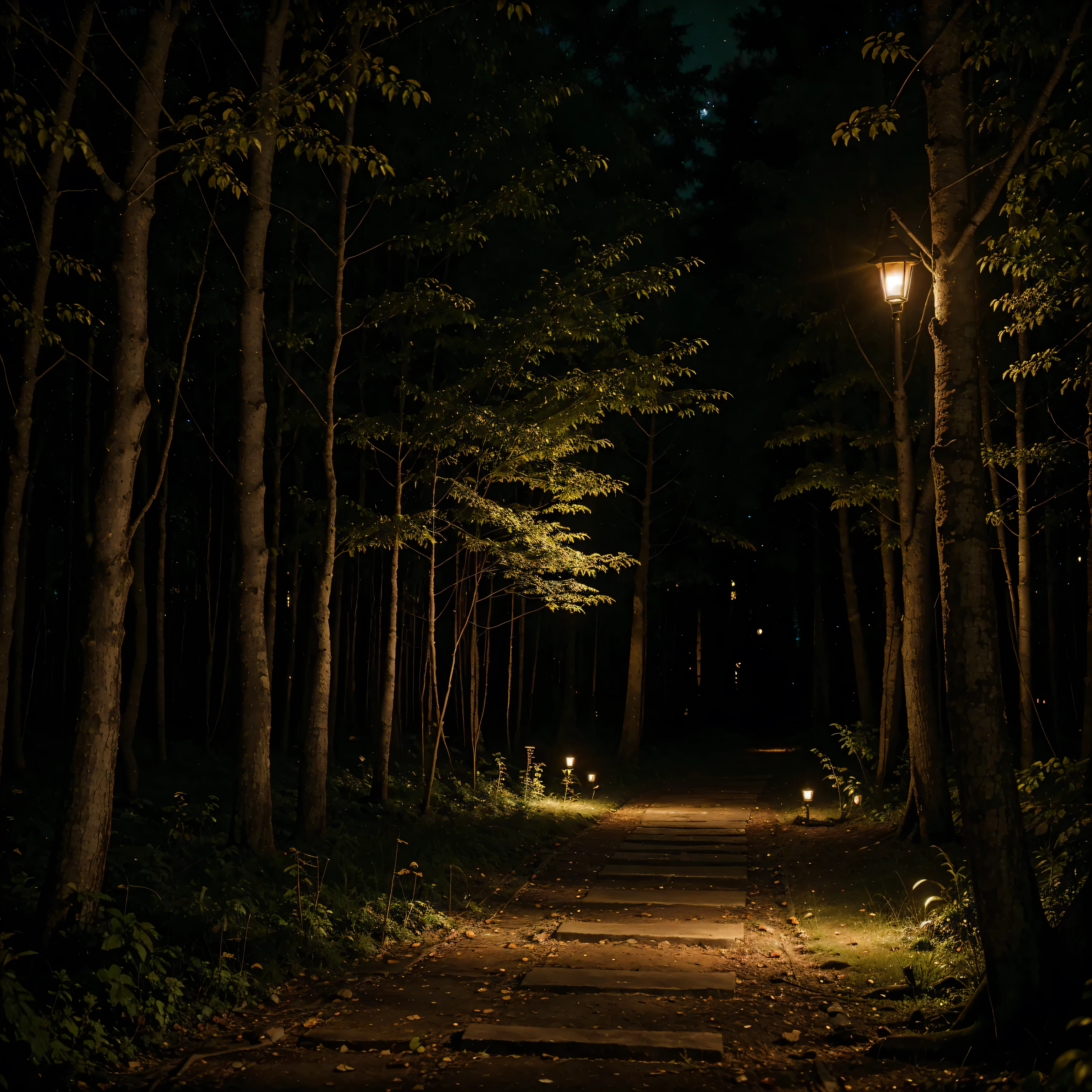 Dense forest at night with a path softly lit by lanterns, sugerindo um caminho guiado e seguro."
